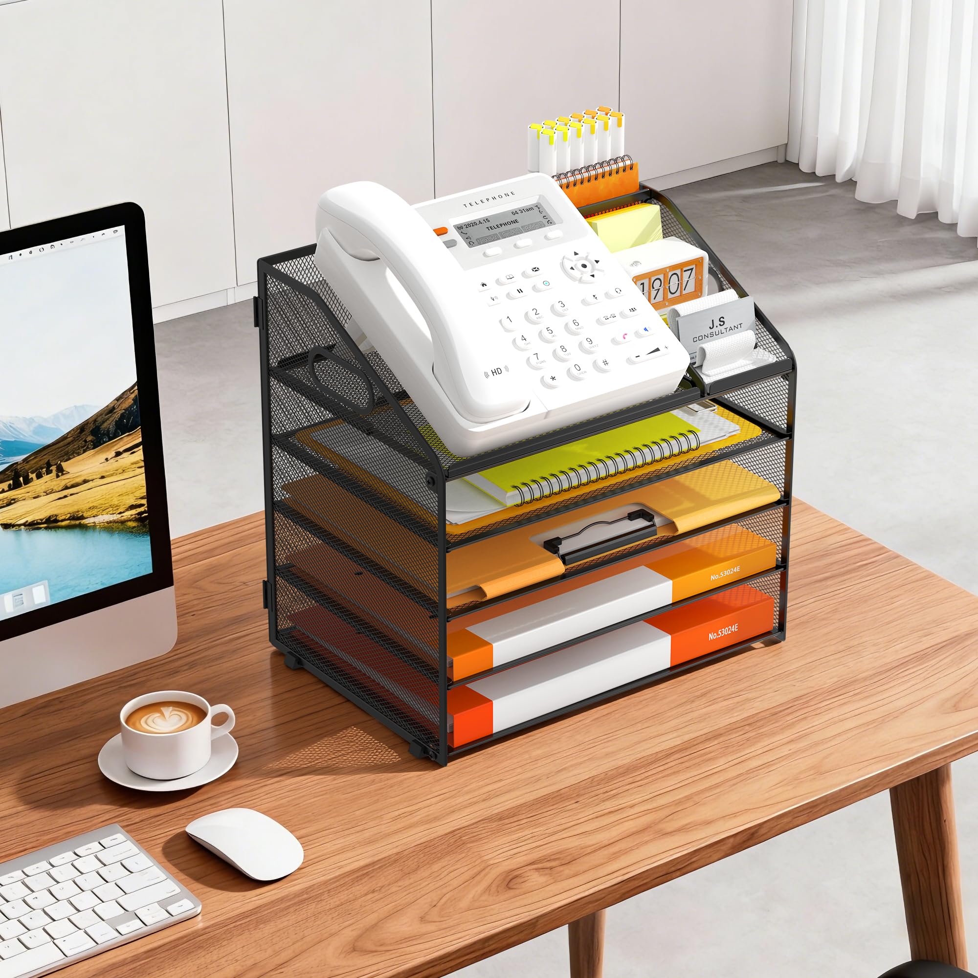 DocNest Bandeja de malla metálica de 5 niveles, organizador de archivos de escritorio con asa, soporte para bolígrafos y soporte para carpetas, clasificador de documentos de escritorio para oficina
