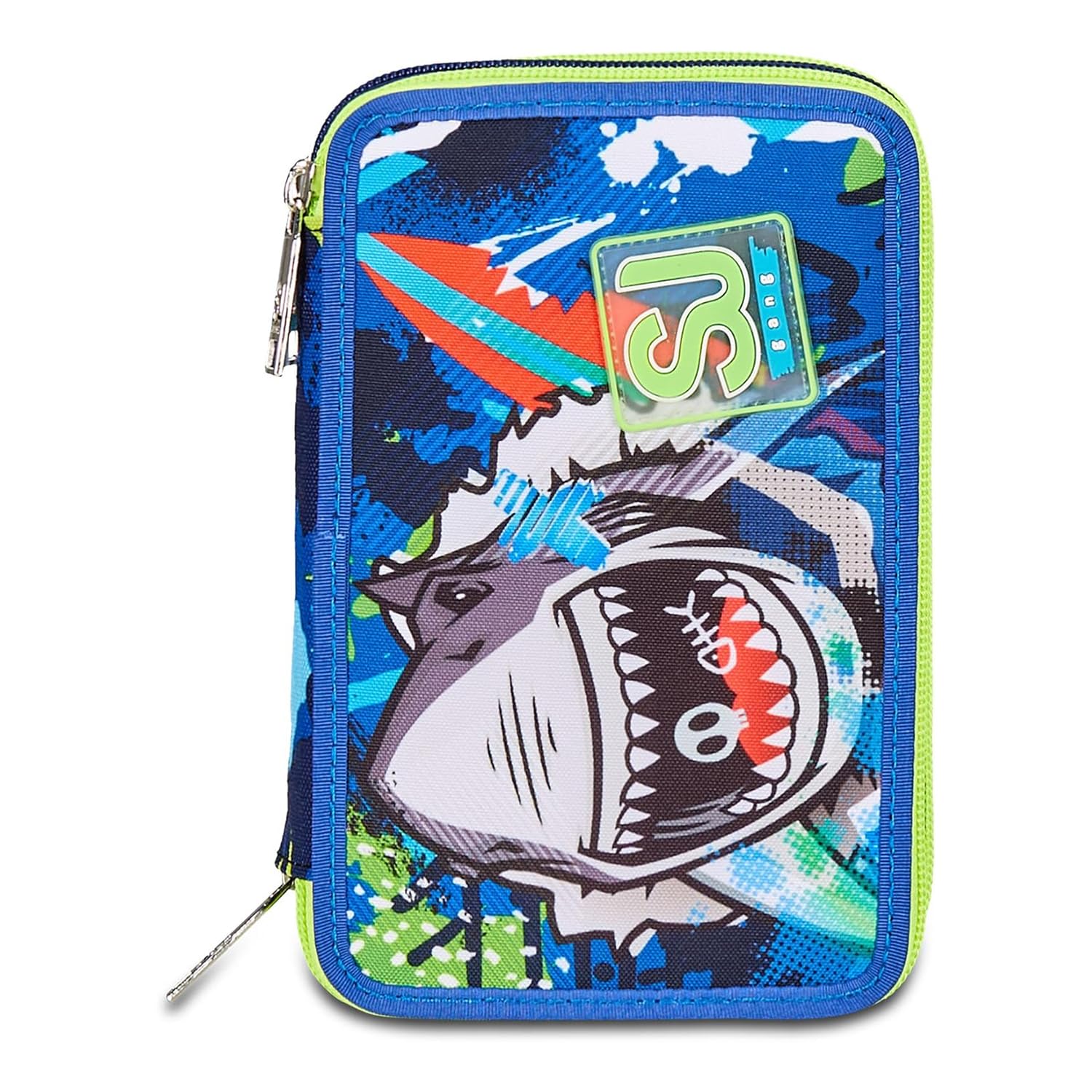 SJ GANG STYLE JAM GANG Astuccio Scuola 3 Zip, Blu, SharkStory, Portapenne Triplo Scomparto Completo Di Penne, Matite, Colori, Accessori Zaino, Elementari, Medie, Bambino