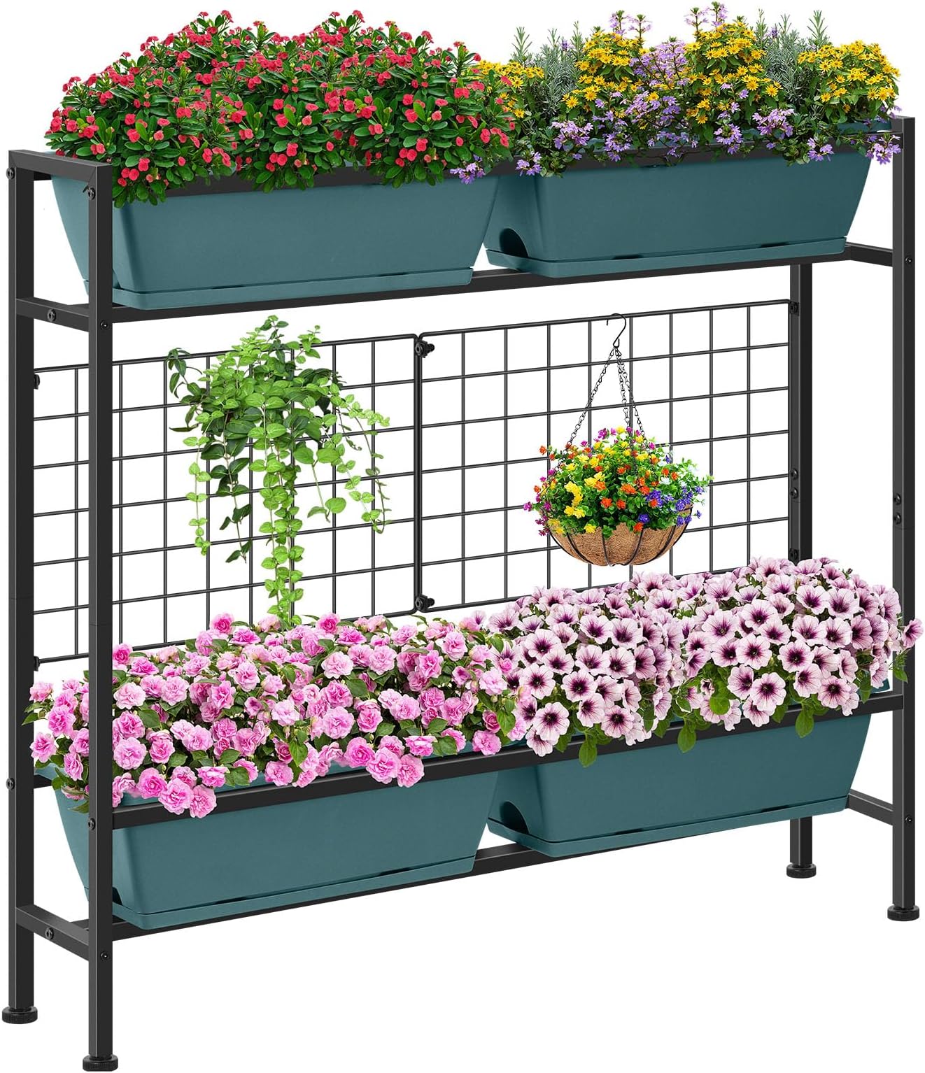 CADUKE Raised Planter Box with Legs, 32" Elevated Vegetable Garden Beds, Raised Garden Bed with Drainage Holes & Trellis, Herb Garden Planter Outdoor for Vegetables, Balcony, Patio, Green