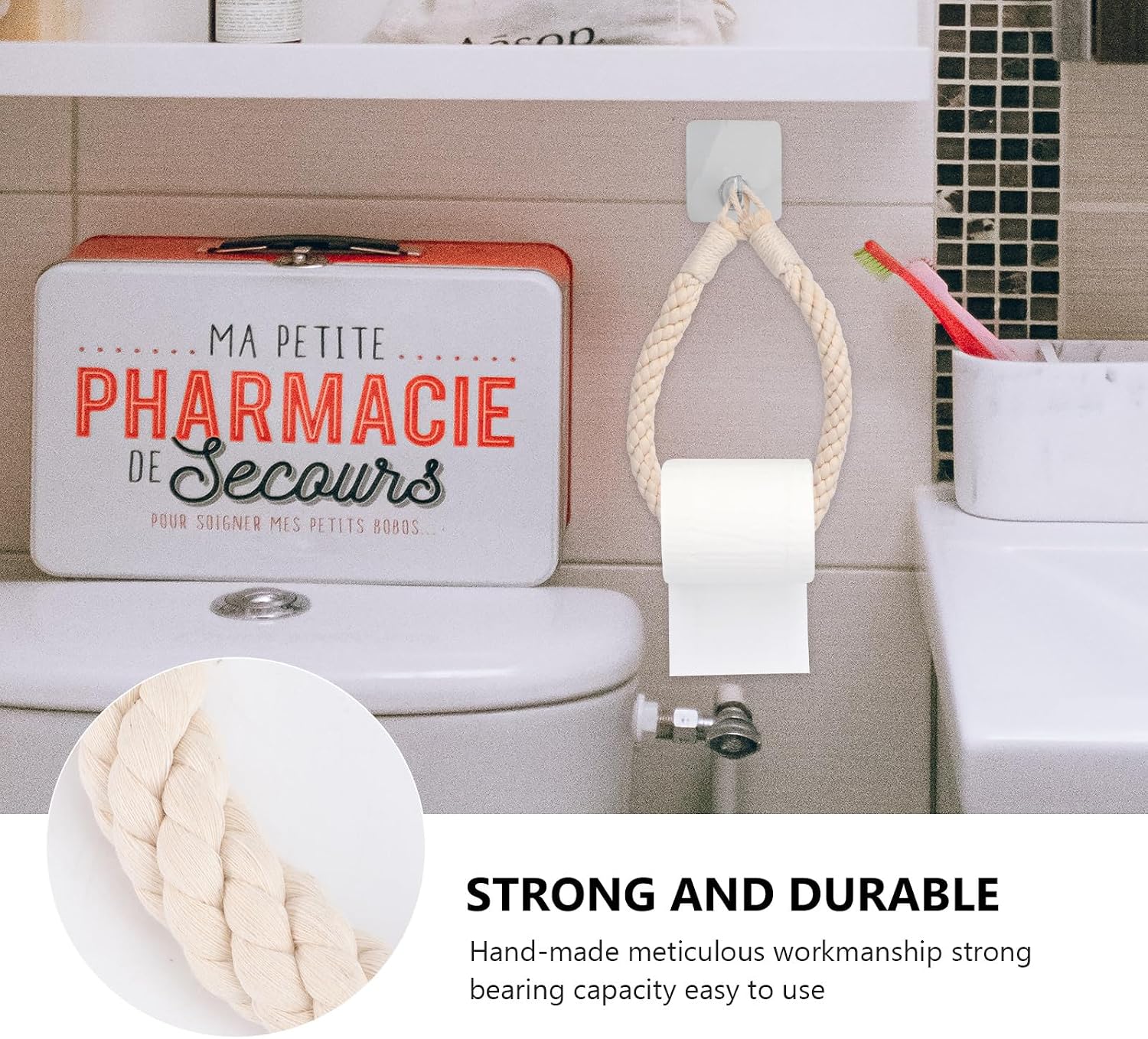Hanging Toilet Paper Holder Rope Design Cotton Rope Roll Paper Stand for Bathroom and Living Wall Mount No Metal Accessories Eco-Friendly Practical Storage image 3