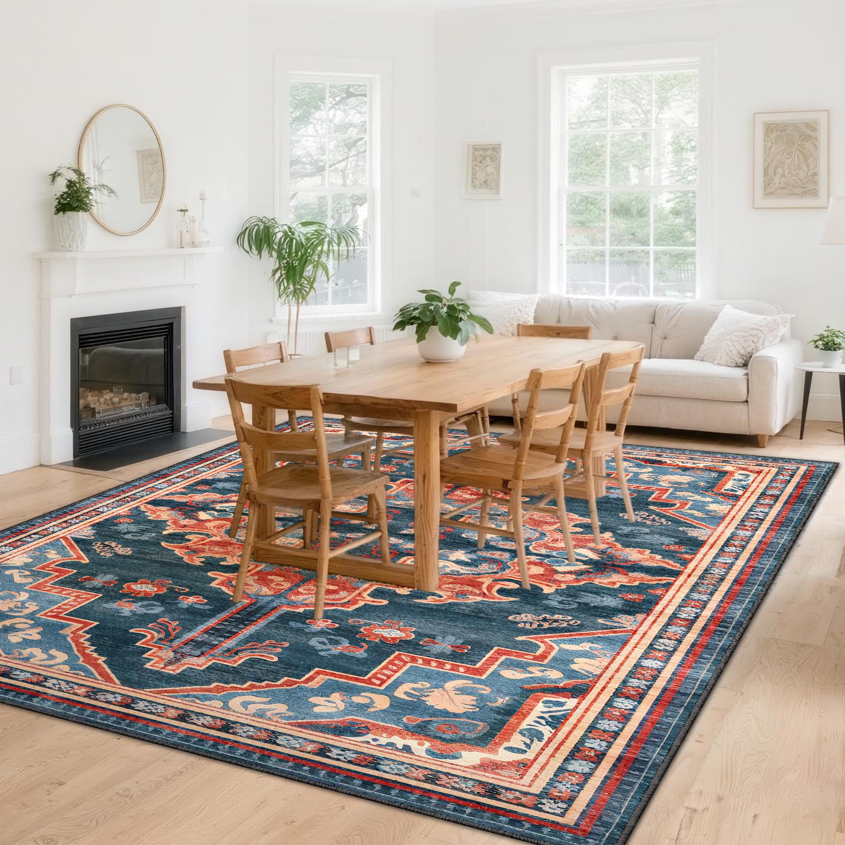 Tappeto per soggiorno, 120 x 180 cm, tappeto da comodino, cucina, antiscivolo, lavabile, per decorare la casa, camera da letto, dormitorio, camera dei bambini, salotto, ufficio, blu scuro, arancione