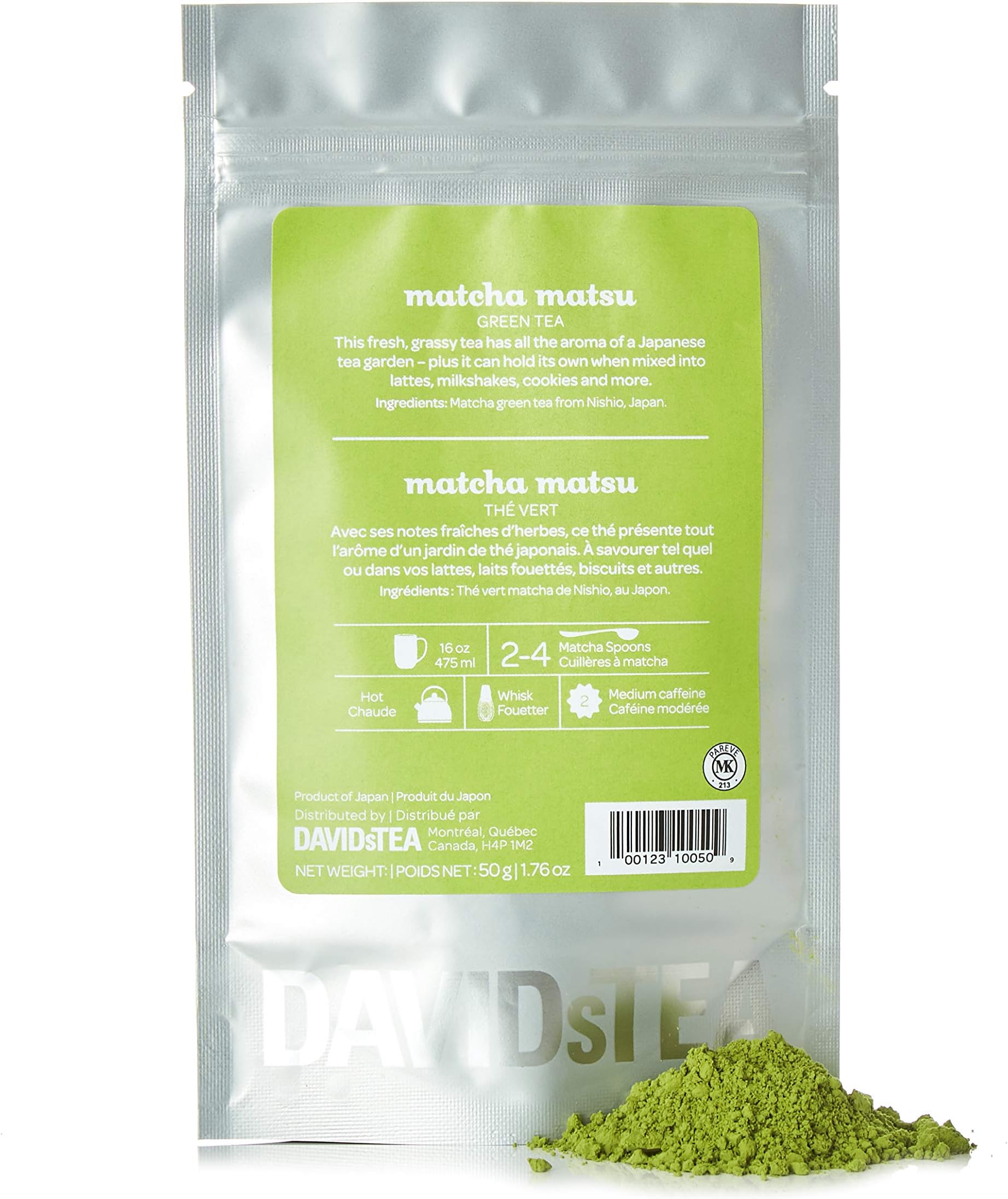 DAVIDsTEA Matcha Matsu Authentic Japanese Green Tea Powder, Premium Stoneground Green Tea for Hot or Iced Matcha, Lattes and Baking, 2 oz
