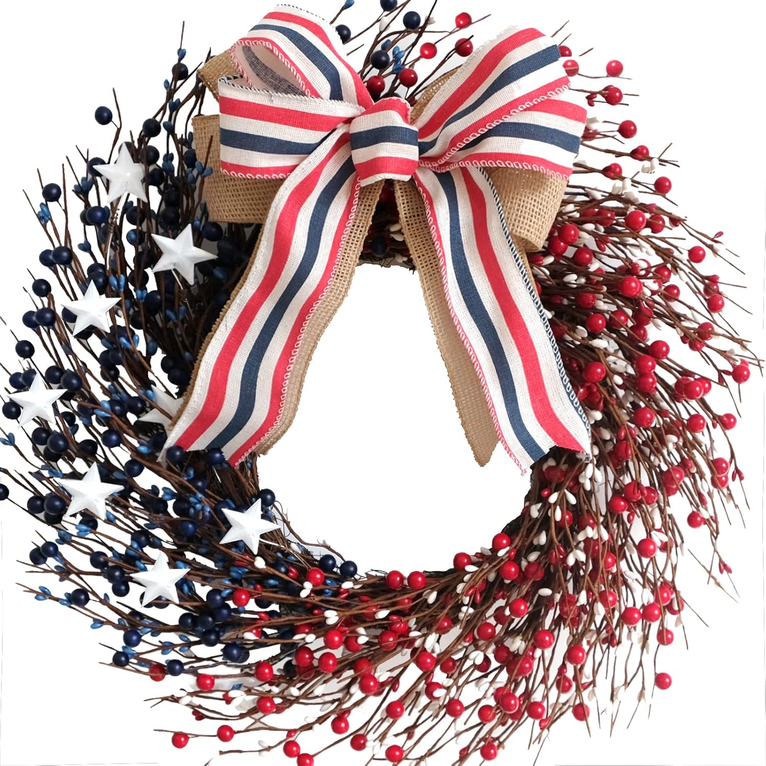 Bibelot 18 Inch Patriotic Red White Blue Berries Wreath for Front Door, 4 of July Memorial Day Independence Day Burlap Bow Wreath for Home Decor, American Flag Day Wreath for Indoor and Outdoor Use