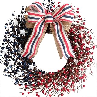 18 Inch Patriotic Red White Blue Berries Wreath for Front Door, 4 of July Memorial Day Independence Day Burlap Bow Wreath for Home Decor, American Flag Day Wreath for Indoor and Outdoor Use