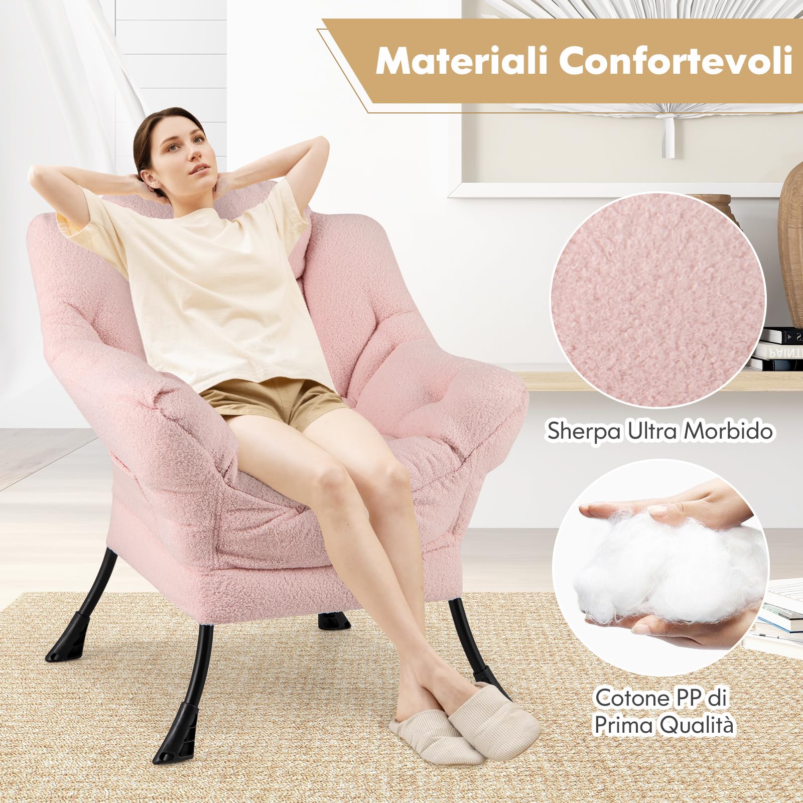 COSTWAY Poltrona Relax, Poltrona da Lettura con Cuscino, Elegante con Schienale e Seduta Imbottiti, Braccioli e Tasca di Stoccaggio, Portata 150 kg (Senza Pouf, Cashmere Rosa)