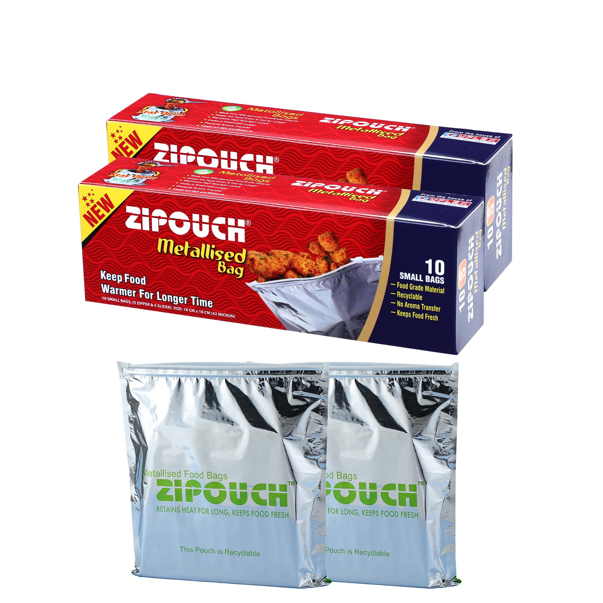 ZIPOUCH Premium Metallised Food Storage Bags | 10 Zip + 10 Slider Pouches | Reusable, Airtight & Durable | Small Freezer Safe Zipper Pouch (18x18 cm) | Aluminium Foil Packing Bags – Pack of 2