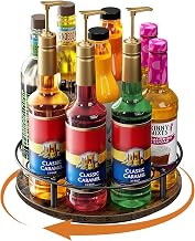Nuovoware 9 Bottles Rotating Coffee Syrup Rack, Brown+Black | Carbon Steel Frame, Wooden Base Bottle Holder, Space-Saving Storage Rack for Coffee Flavored Syrups