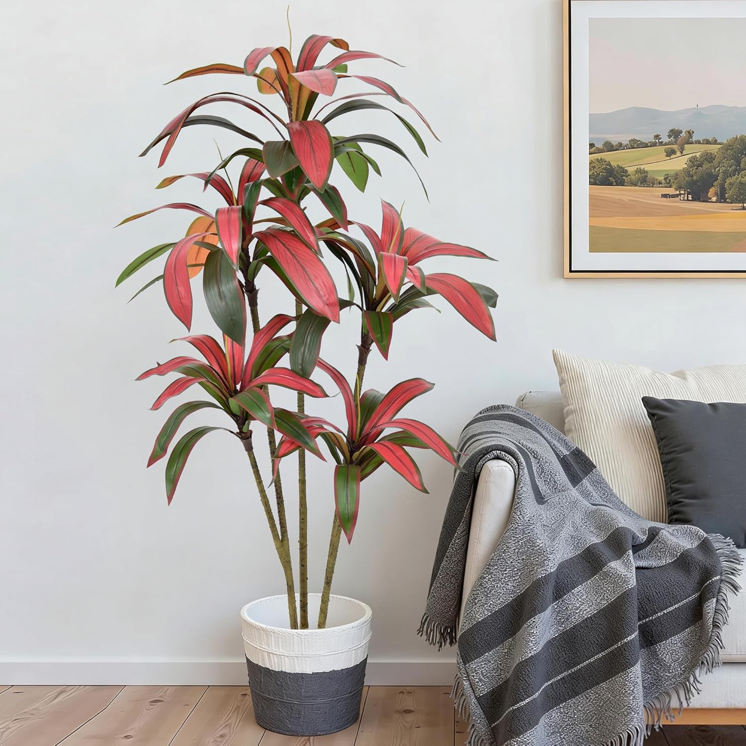 Artificial Dracaena Tree 5FT - Large Faux Plant Indoor Tree with 78 Red Leaves & 5 Heads, 60" Tall Fake Tropical Plant Potted Artificial Floor Plant Trees for Home Living Room Porch Office Decor