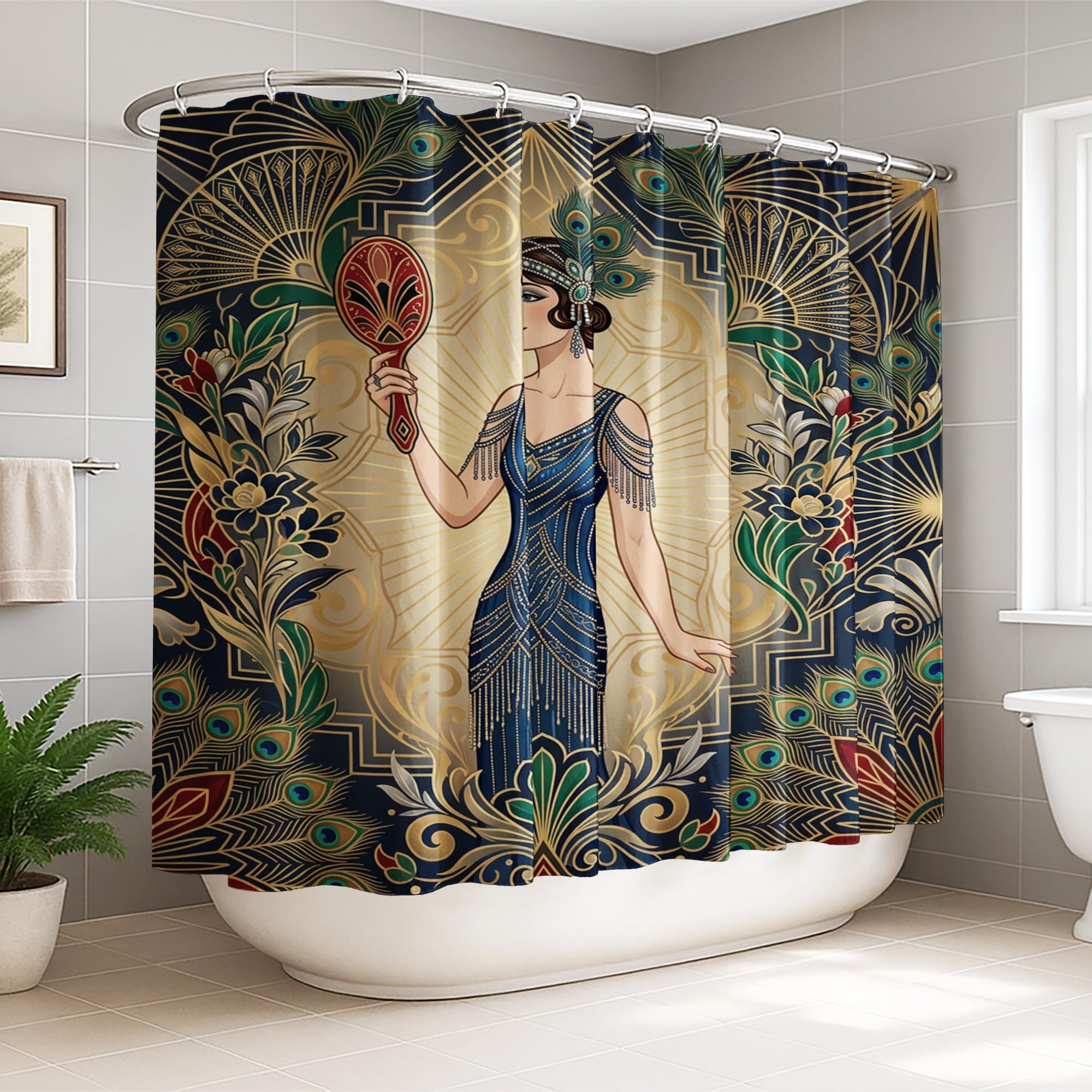 Rideau de douche bleu marine floral pour une salle de bain zen