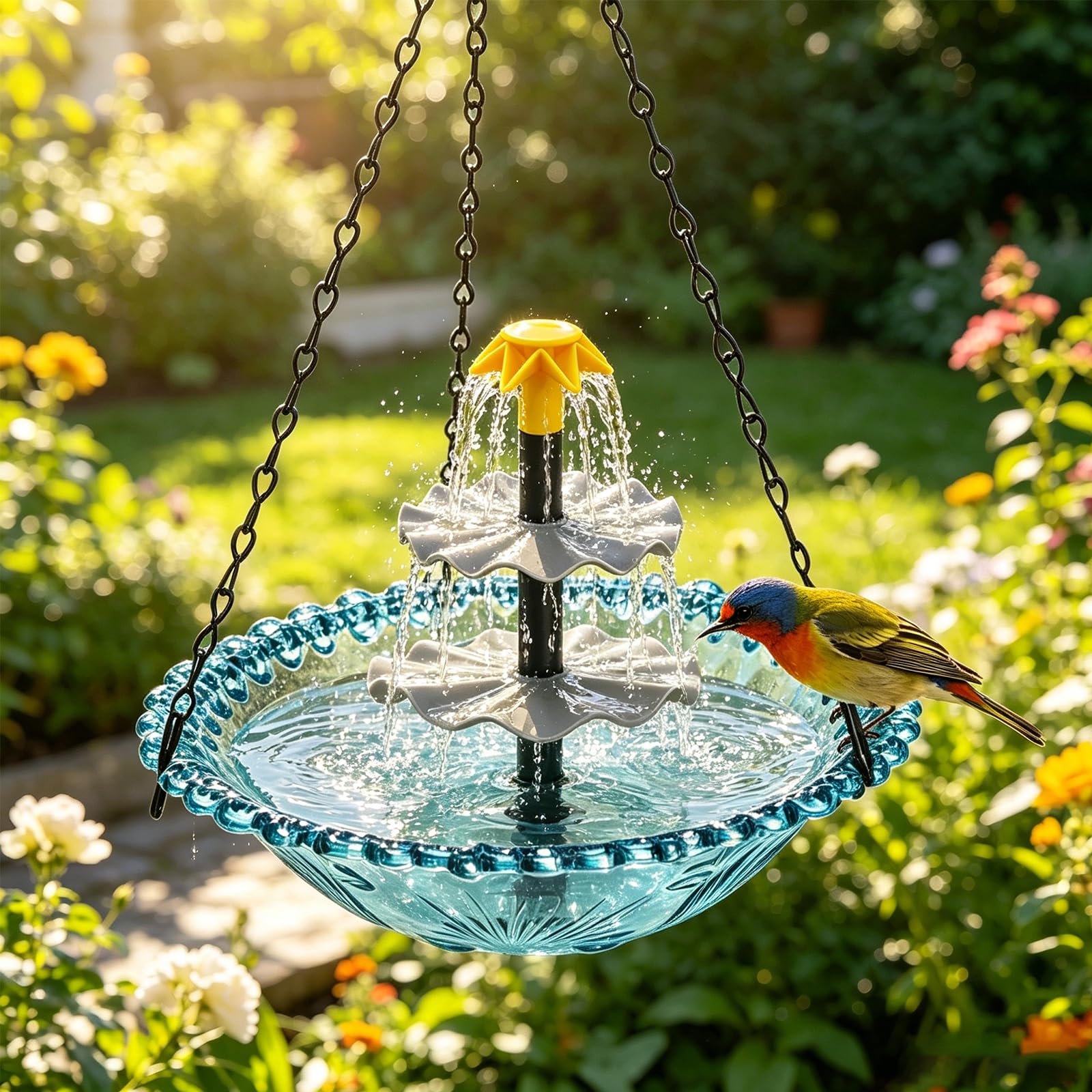 Photo 1 of ***Pump does not work!***Hanging Solar Bird Bath Fountain, Solar Powered Cascading Outdoor Water Fountain with Solar Pump for Outdoors Garden Backyard Patio Lawn***Pump does not work!***