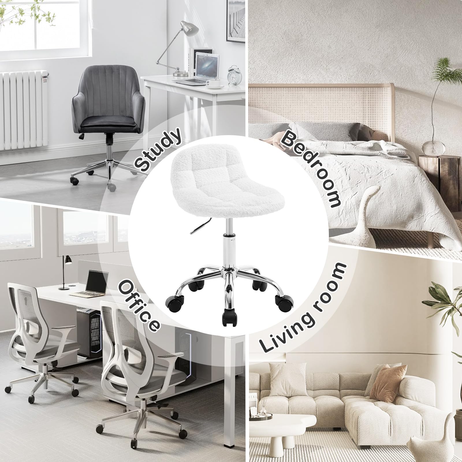 WOLTU Tabouret de Bureau Pivotant à roulettes, Tabouret avec Dossier Réglable en Hauteur Entre 43,5 et 55cm, en Chenille, Blanc, BS174ws