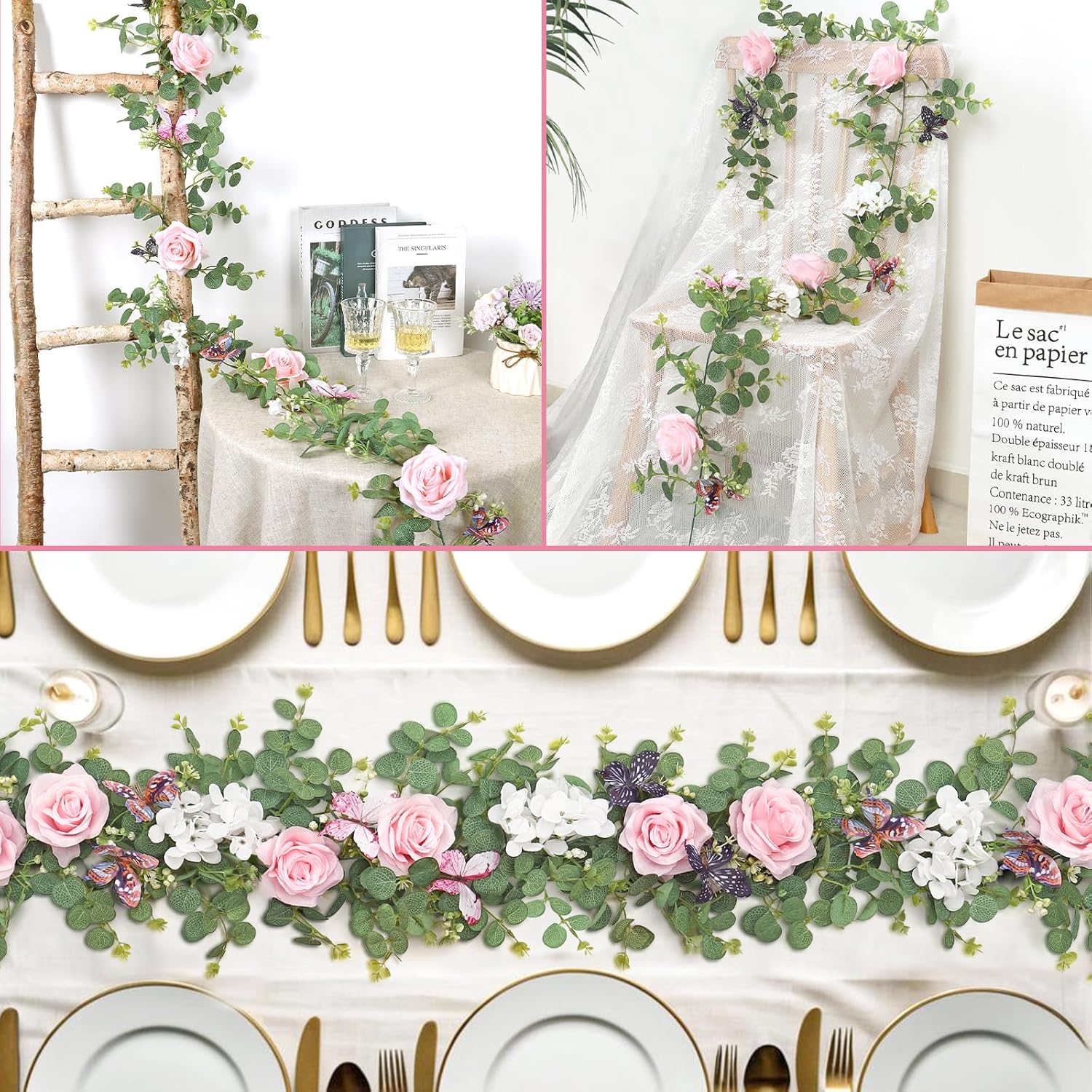 2Pcs 5.9 Ft Artificial Rose Vine Fake Flower Garland Pink Rose Hydrangea Vines with 3D Butterflies Hanging Floral Eucalyptus Garland for Wedding Party Background Arch Table Wall Home Decor - Image 7