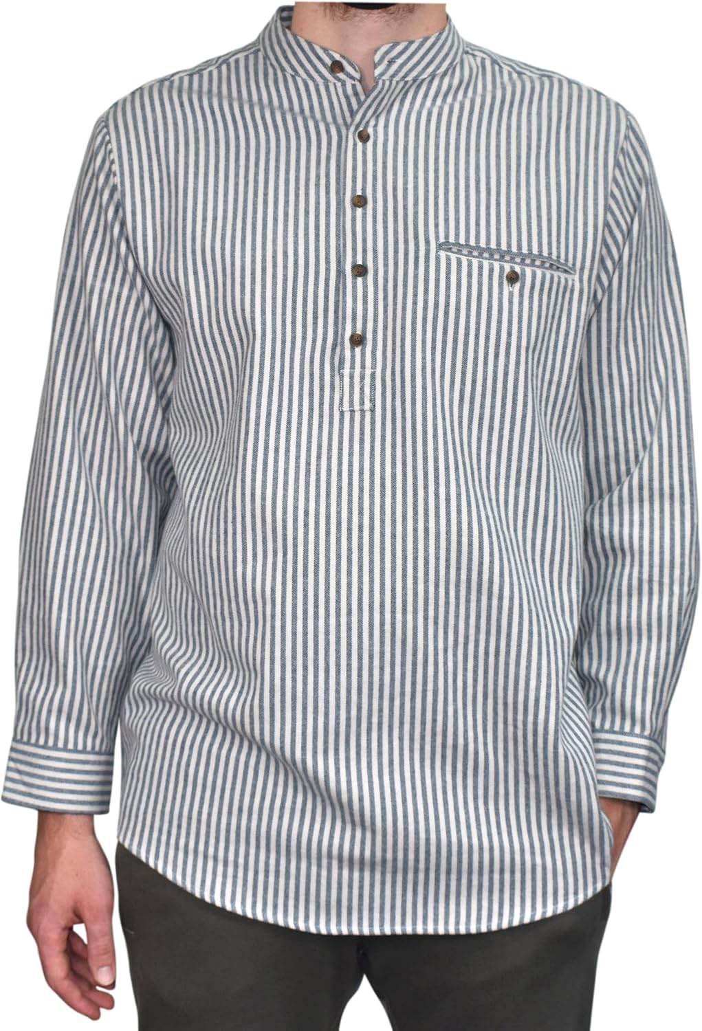 Flannel Grandfather Shirt 100 Percent Cotton LVC Dark Blue Navy and Cream Stripe (Medium)