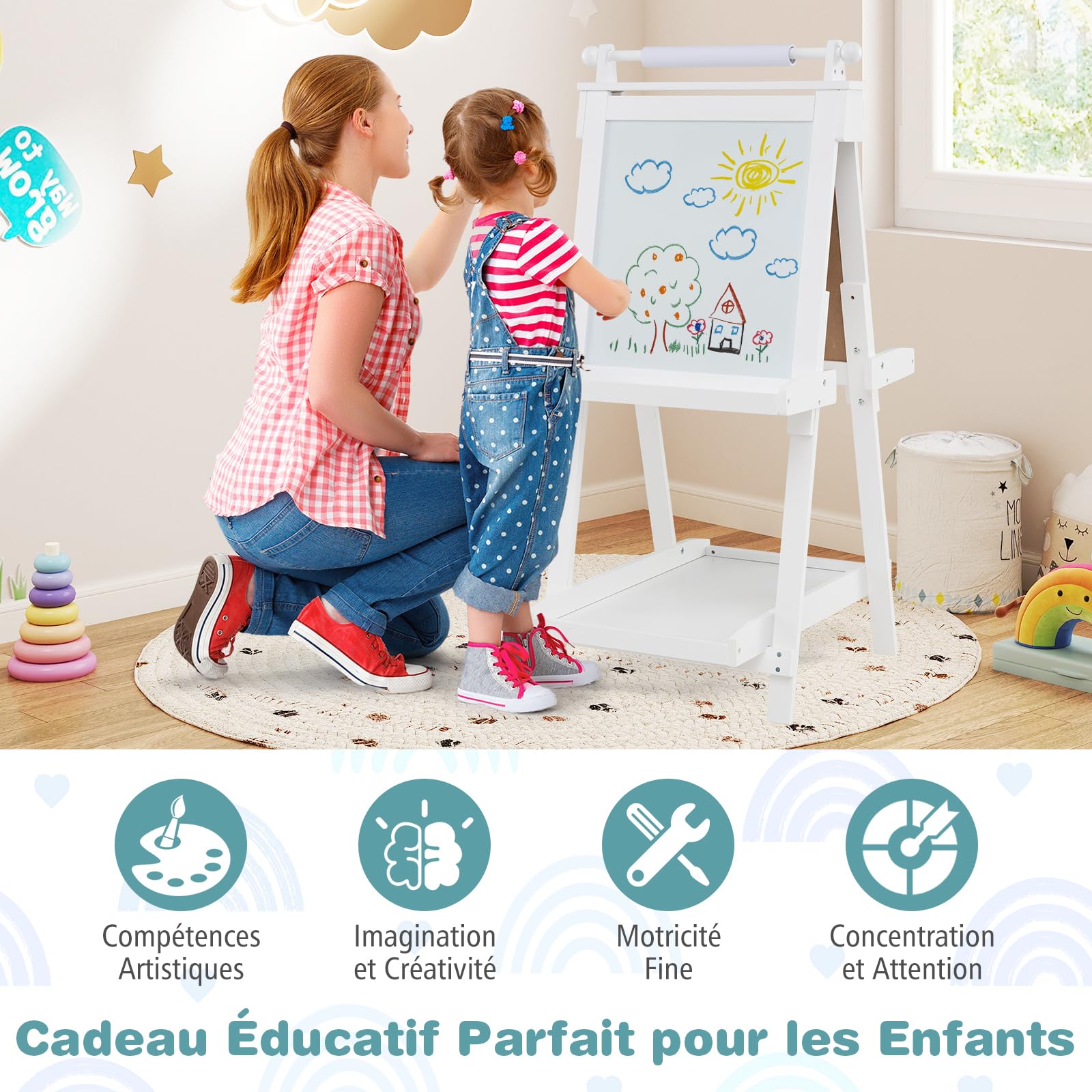GOPLUS 3 en 1 Tableau Enfant Double Face, Chevalet d'art Enfant Hauteur Réglable, avec Tableau Blanc/Noir Magnétique, Rouleau de Papier, 3 Gobelets à Peinture, 3 Plateaux (Blanc)