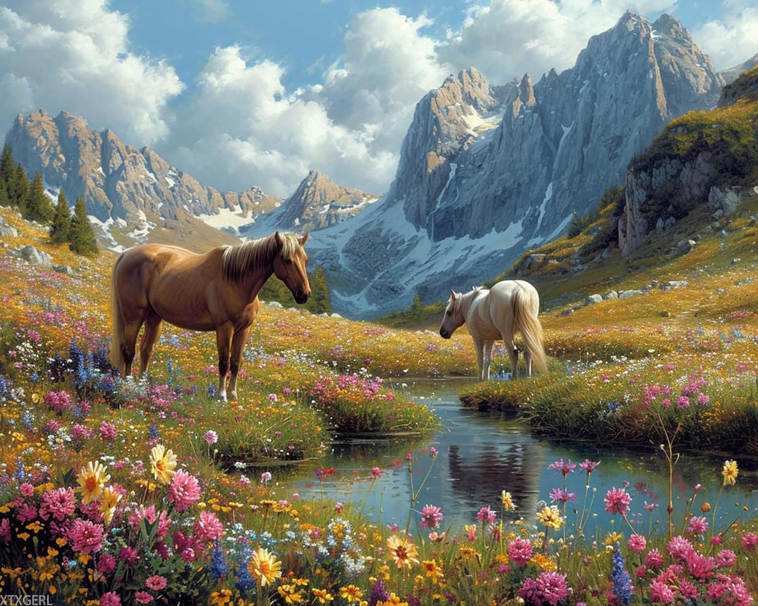XTXGERL DIY Paint by Numbers for Adults Beginner, Horses Amidst Mountain, Paint by Numbers Kit Horse Painting by Numbers for Adults (16x20 inch, No Frame)