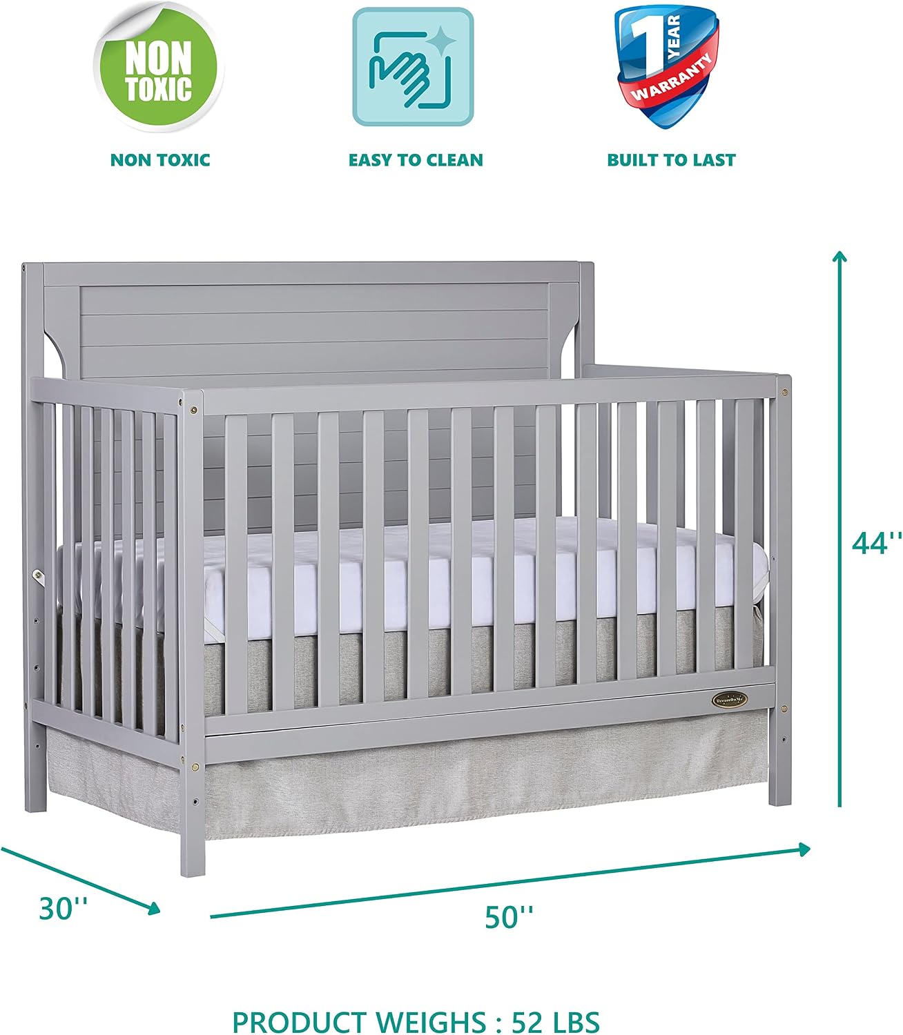 Dream On Me Cape Cod 5-in-1 Convertible Crib in Pebble Grey, Greenguard Gold Certified , 50x30x44 Inch (Pack of 1)