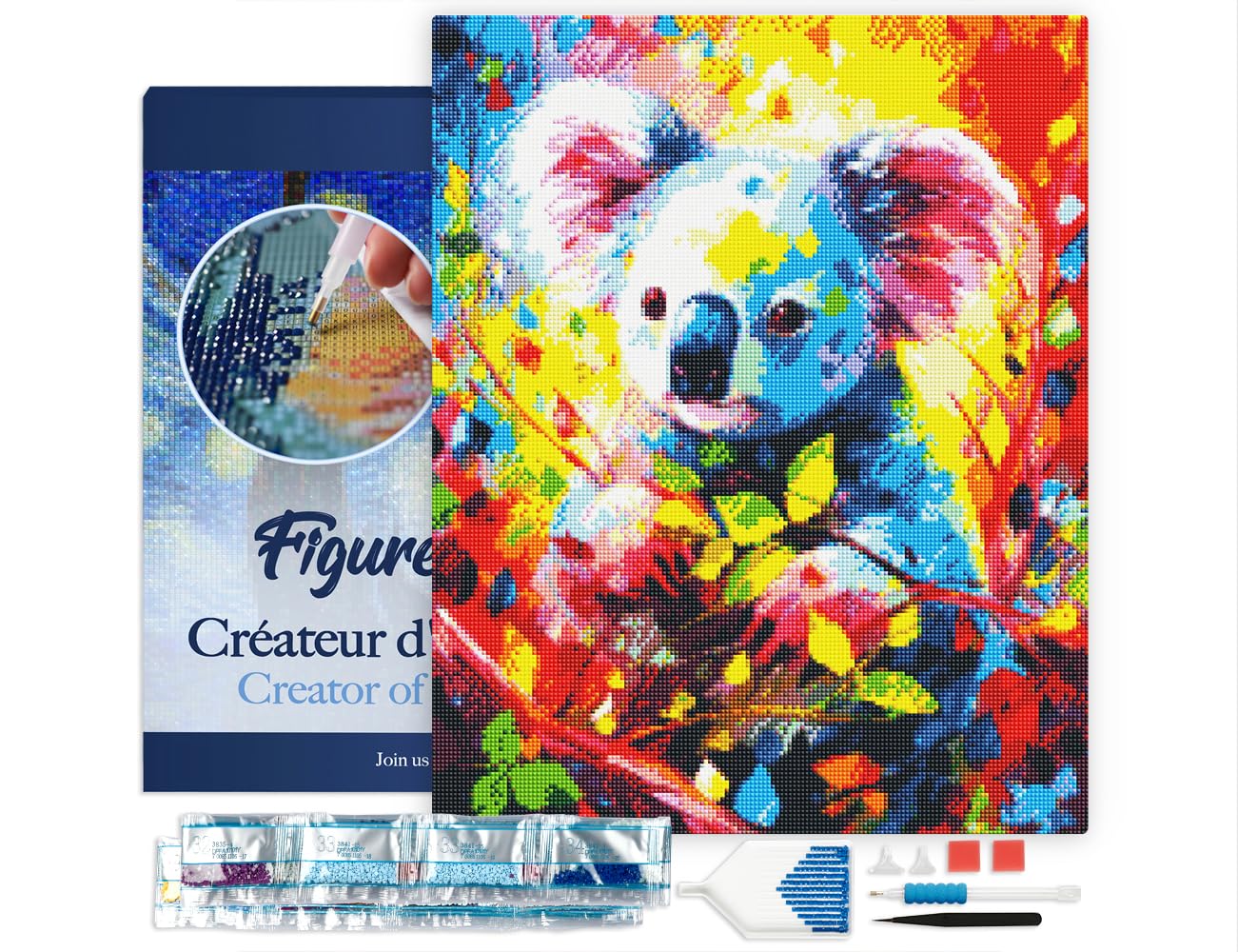 Diamond Painting Kit completo con marco - Cuadro 40x50cm de Pintura de Diamante - Bastidor montado - diamantes cuadrados - Koala Abstracto Colorido - 5D DIY Manualidades Adultos