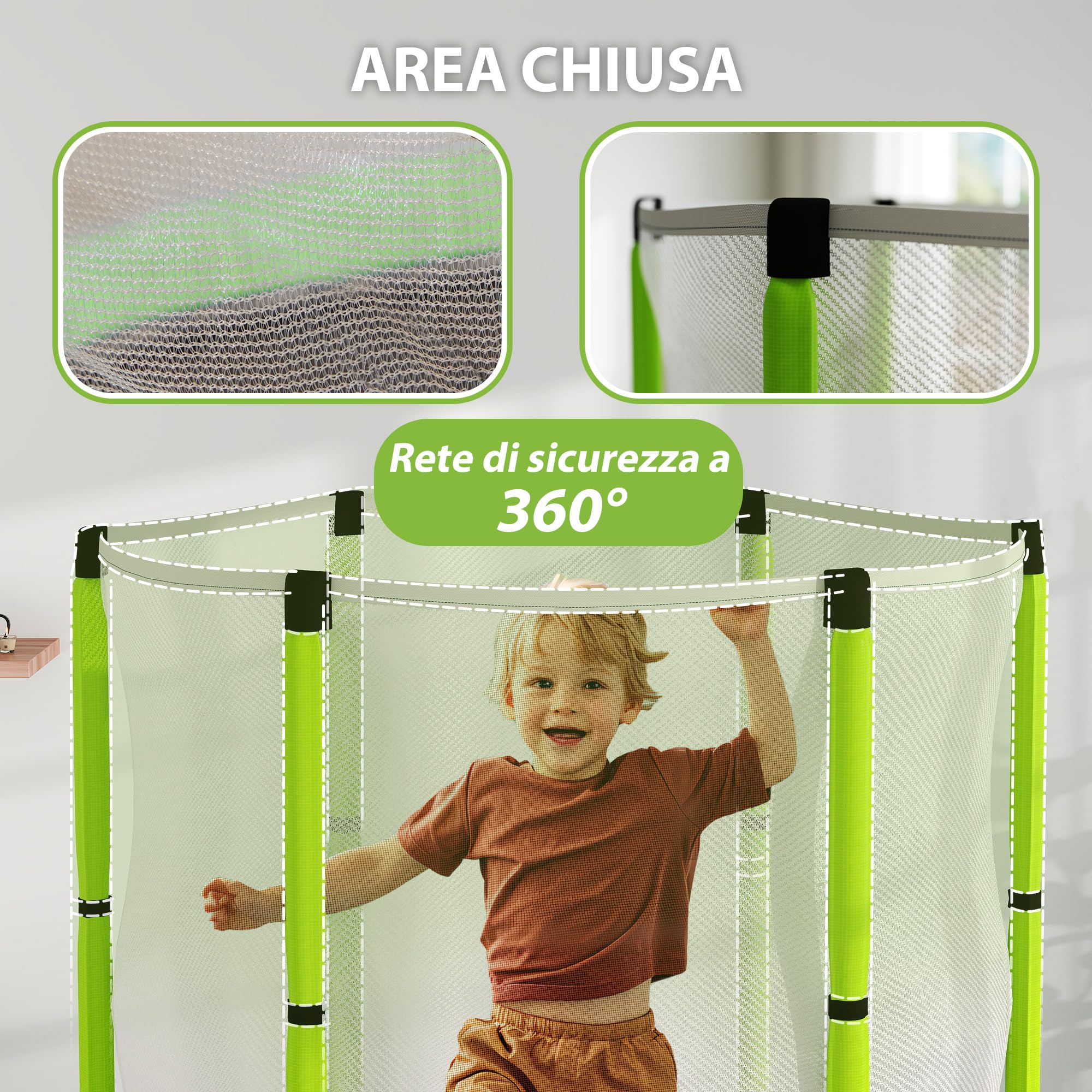 AIYAPLAY Trampolino Elastico per Bambini Ø140 cm con Rete di Sicurezza, Tappeto Elastico per Bimbi da 3-6 Anni con Disegni, per Interno ed Esterno, Verde