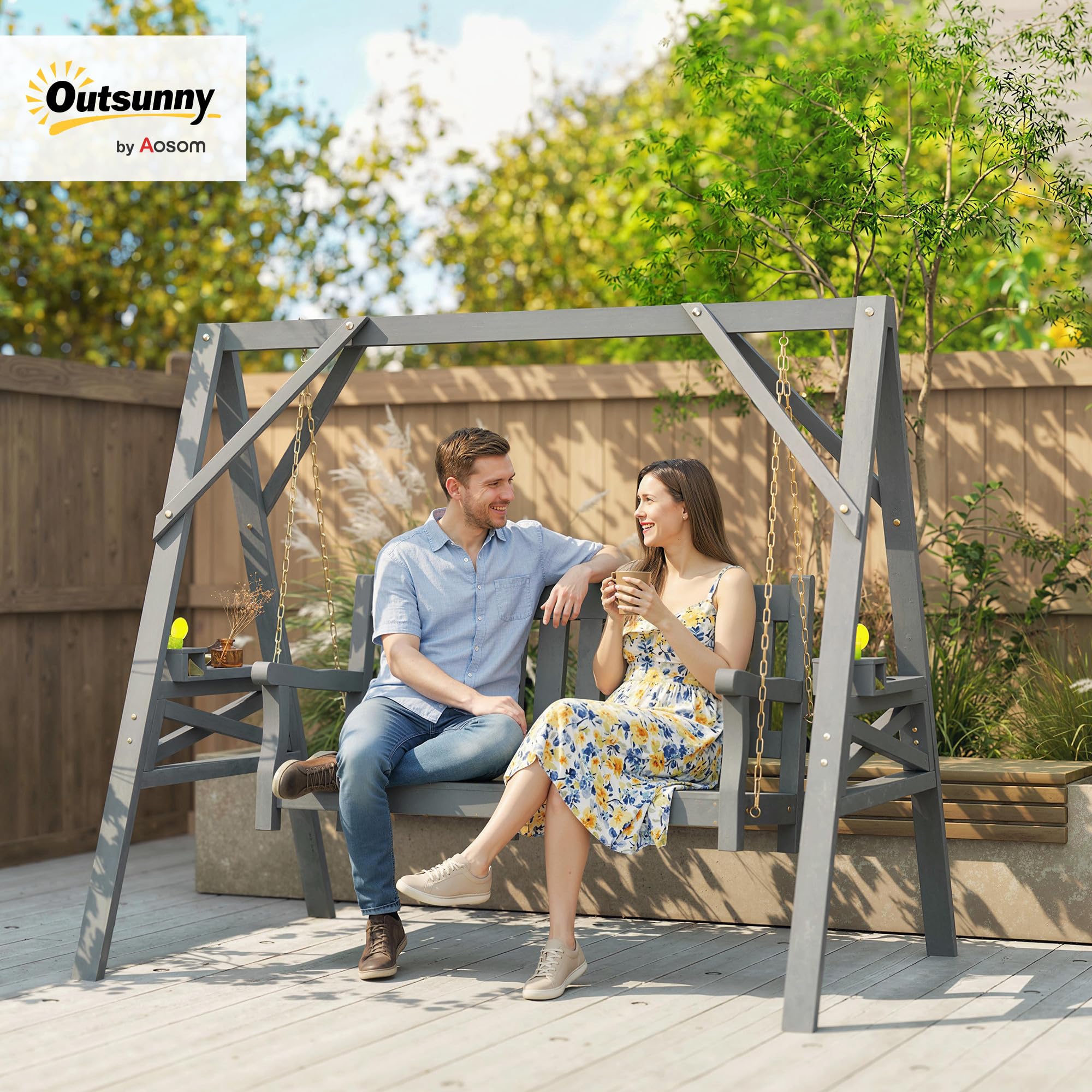 Outsunny Hollywoodschaukel, 2-Sitzer Gartenschaukel aus Holz, Holzschaukel mit Ablagen, Schaukelbank bis 250kg belastbar, für Garten, Terrasse, 183 x 120 x 160cm, Grau