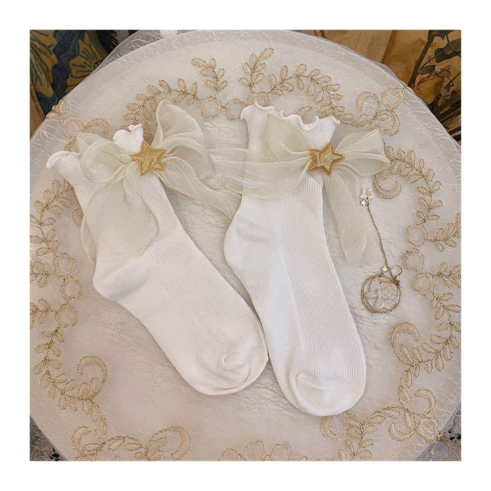 Chaussettes Lolita fille en coton blanc avec nœud motif étoile style mignon