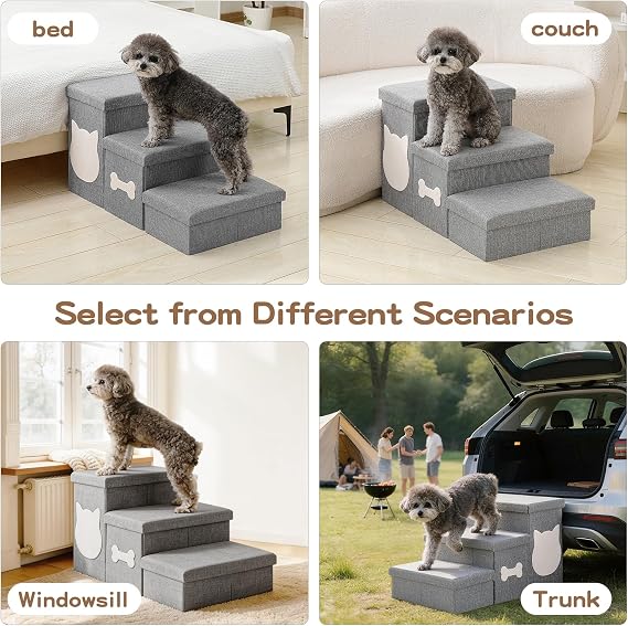 Dog Steps for High Bed, Foldable Dog Stairs with Storage, Grey