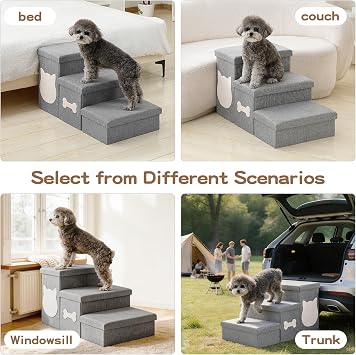 Dog Steps for High Bed, Foldable Dog Stairs with Storage, Grey
