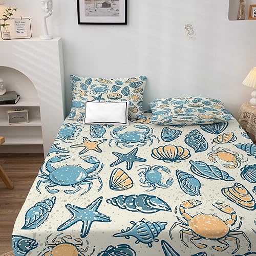 Miniatura 2 de Juego de sábanas de estrellas de mar, tamaño King, diseño de conchas marinas, sábanas y fundas de almohada de 4 piezas, sábana bajera ajustable de