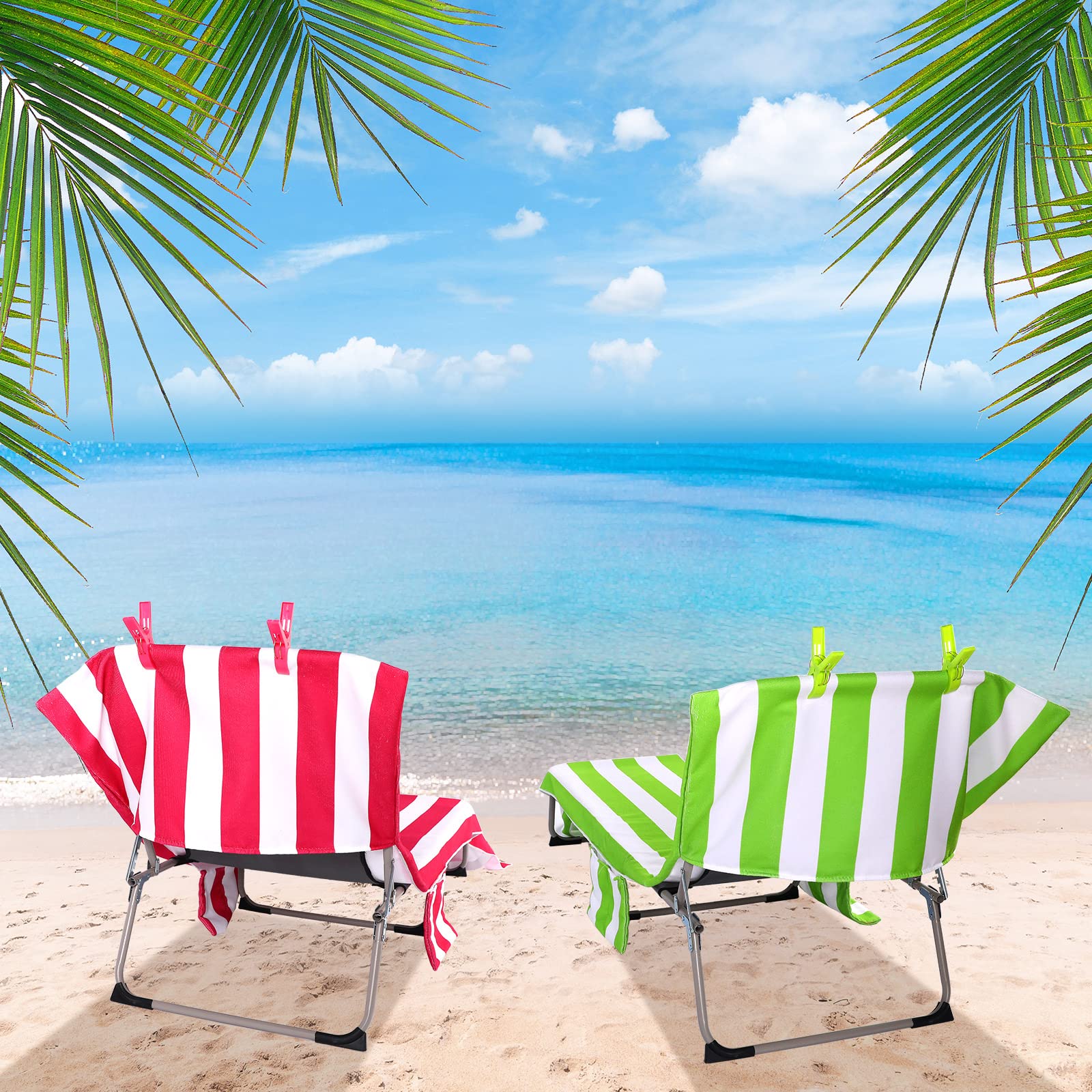 4 Pack Pool Chair Towels Cover with 8 Clips Oversized Stripe Beach Chaise Covers Lounge Chair Cushion Towel with Fitted Pockets Cotton Terry Cover Towel for Garden Patio Sunbathing, 82.7 x 28.7 Inch 3