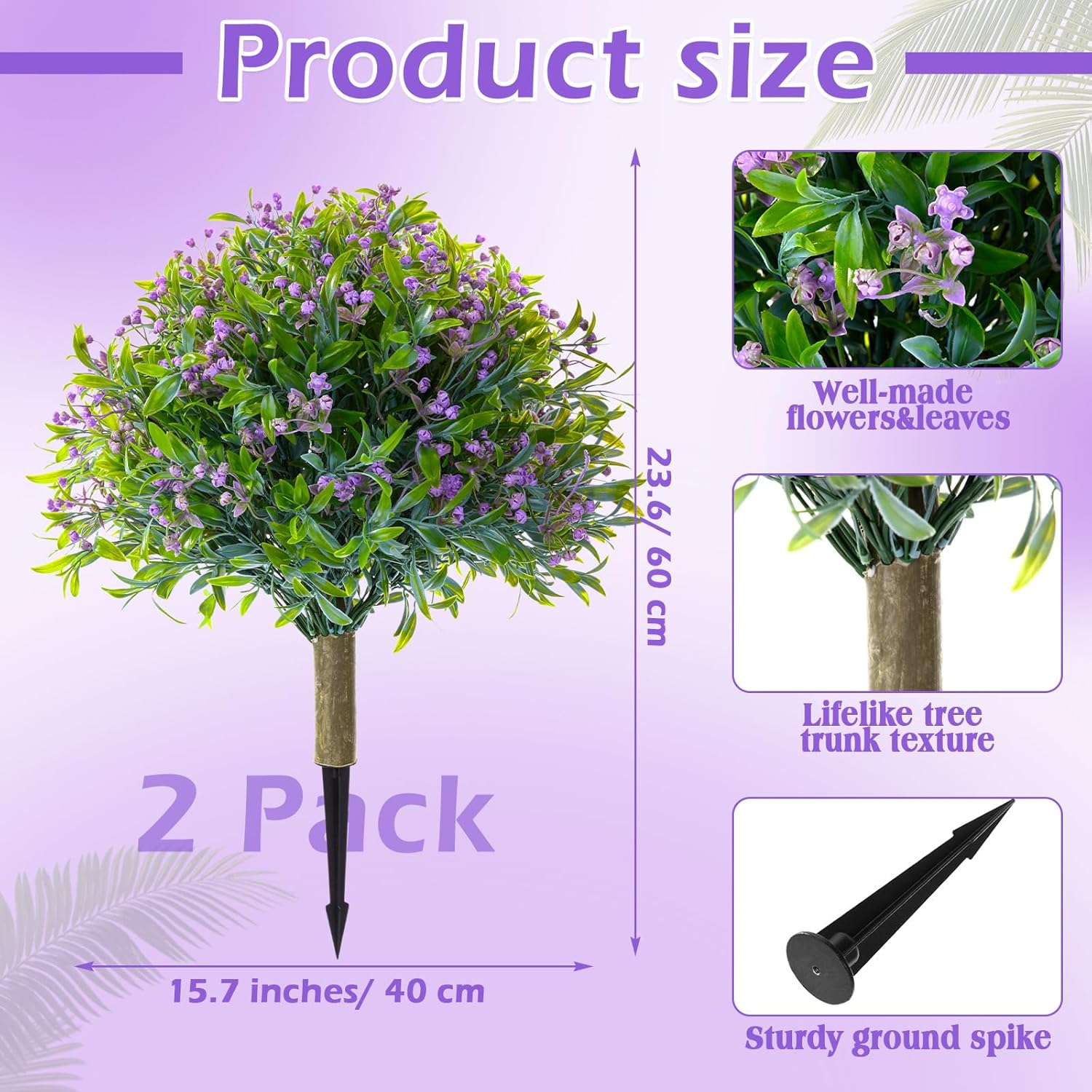 Yunlly 2 Set Artificial Boxwood Topiary Ball Tree 23.6" UV Resistant Artificial Outdoor Greenery Shrubs with Spike Topiary Ball Tree with Flower for Garden Yard Porch Patio Front Door Decor(Purple)