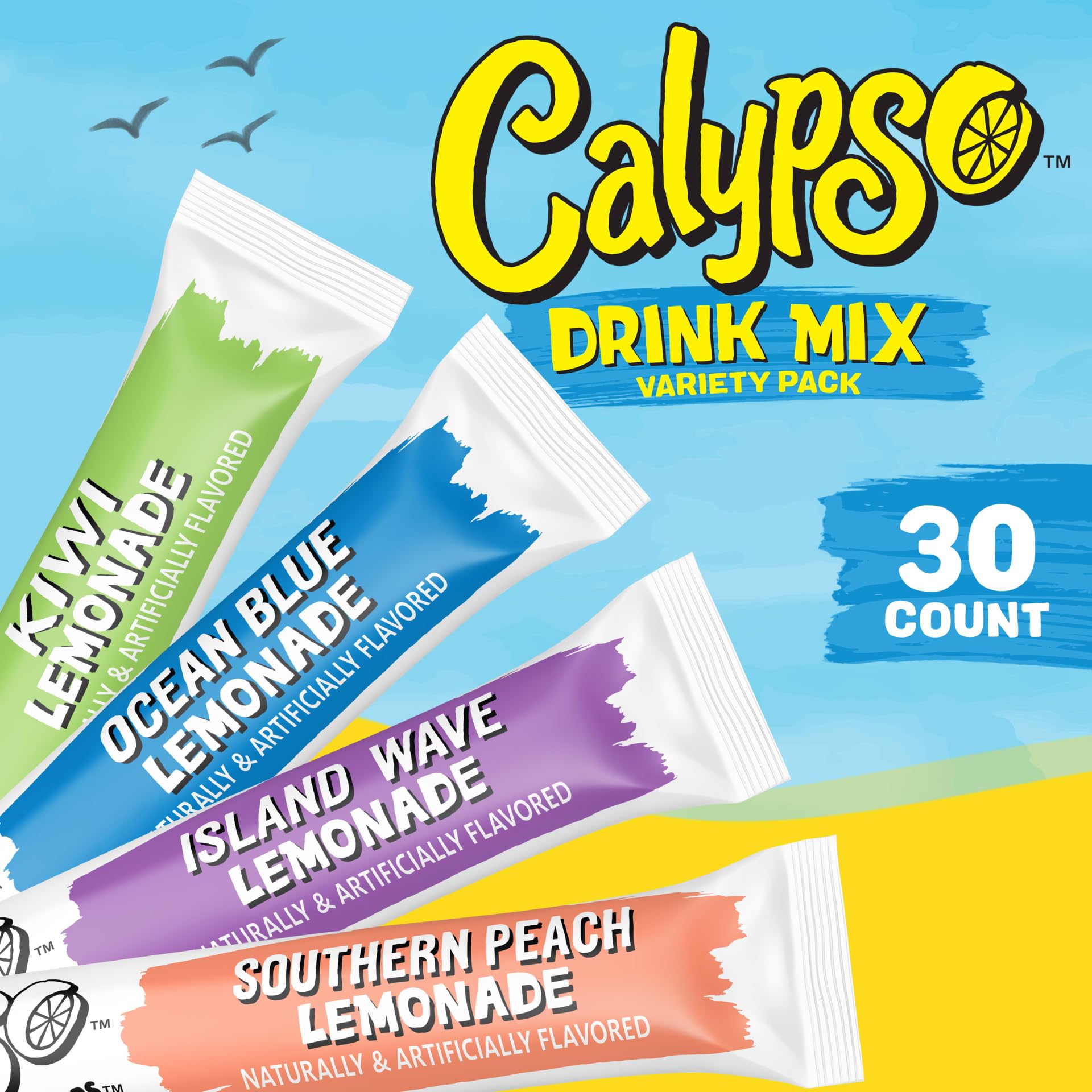 Calypso Singles To Go! Drink Mix Variety Pack – Lemonade On-the-Go Powdered Drink Mix Packets – Low Calorie Water Enhancer – Island Wave, Kiwi, Southern Peach, Ocean Blue Lemonade, 30 Count