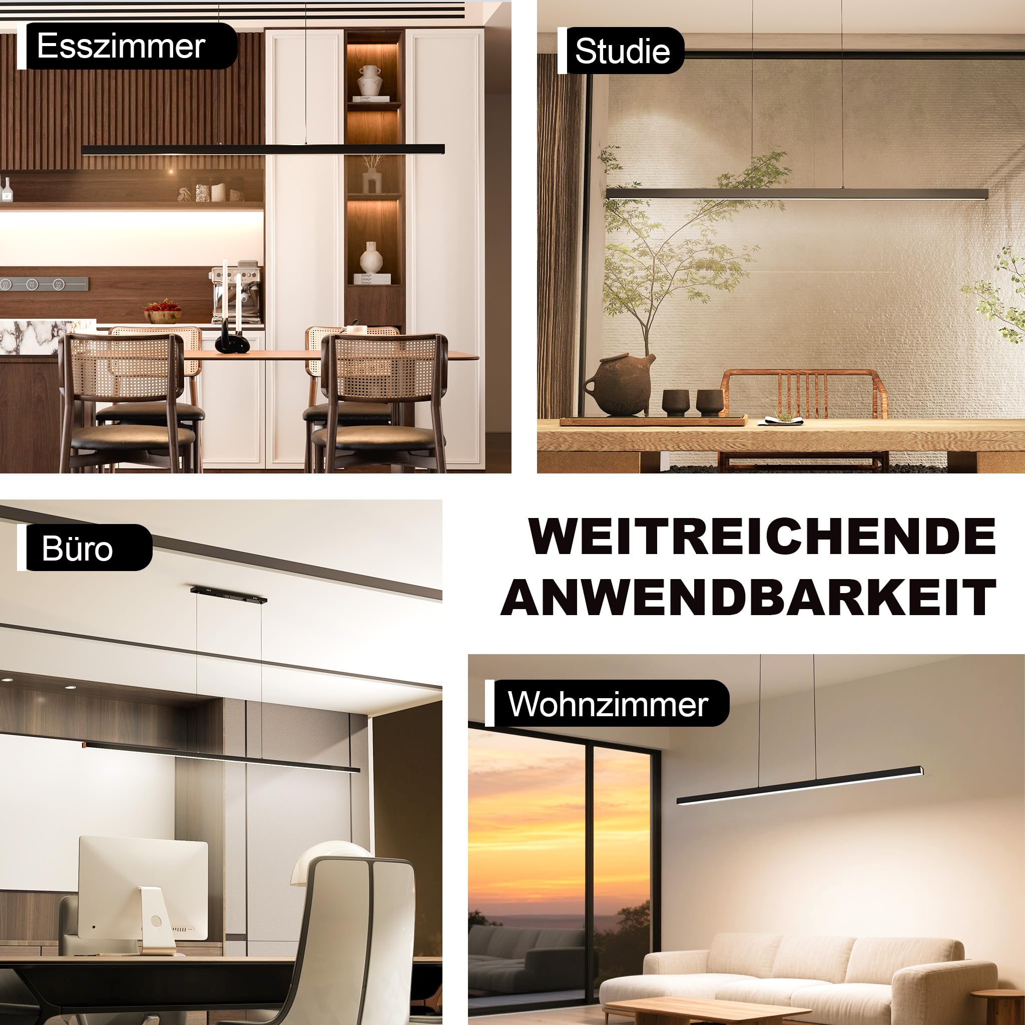 UISEBRT Moderne Pendelleuchte Schwarz 150cm, LED Hängeleuchte Hängend für Wohnzimmer, Deckenlampe Hängend 60W, Höhenverstellbar bis 115cm, Esszimmerlampe, Linear Design - Warmes Licht