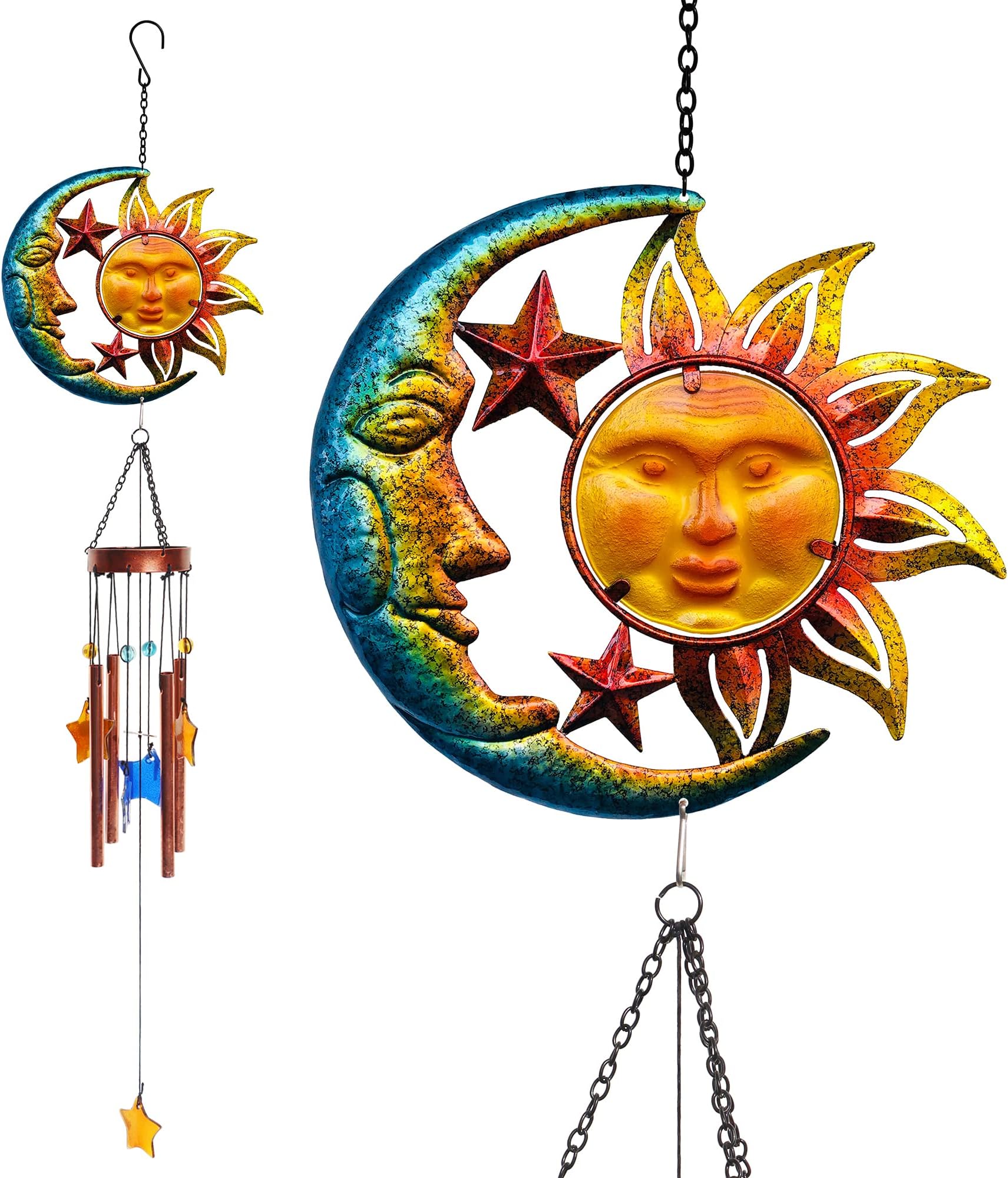 BVLFOOK Sun and Moon Star Wind Chime for Outside Garden Decoration, Aluminum Tubes with Star Shape suncatcher, Wind Chimes Hanging for Porch Patio Balcony Decor, 37 inch