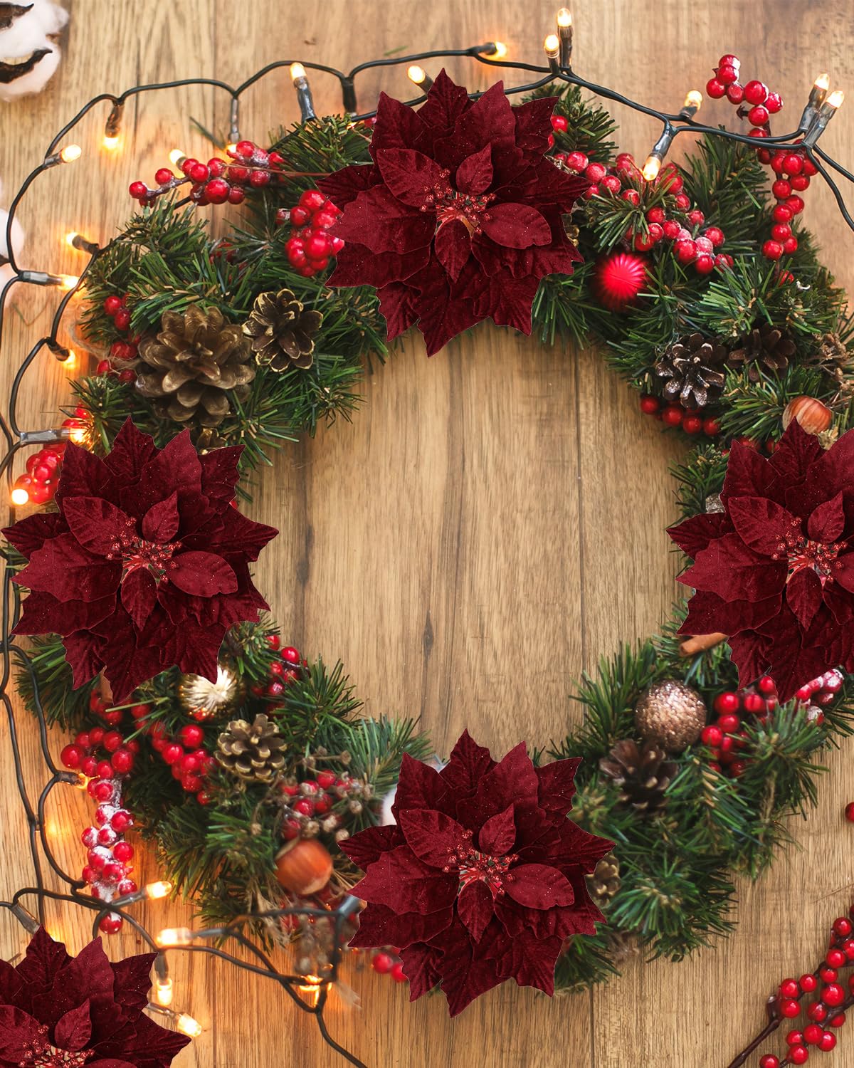 vensovo 12,7 cm rote Weihnachtsstern-Blumen für den Baum – 24 Stück tiefrote Weihnachtsblumen mit Stiel für Baumrock, Weihnachtsdekoration, ideal für den Weihnachtsbaum
