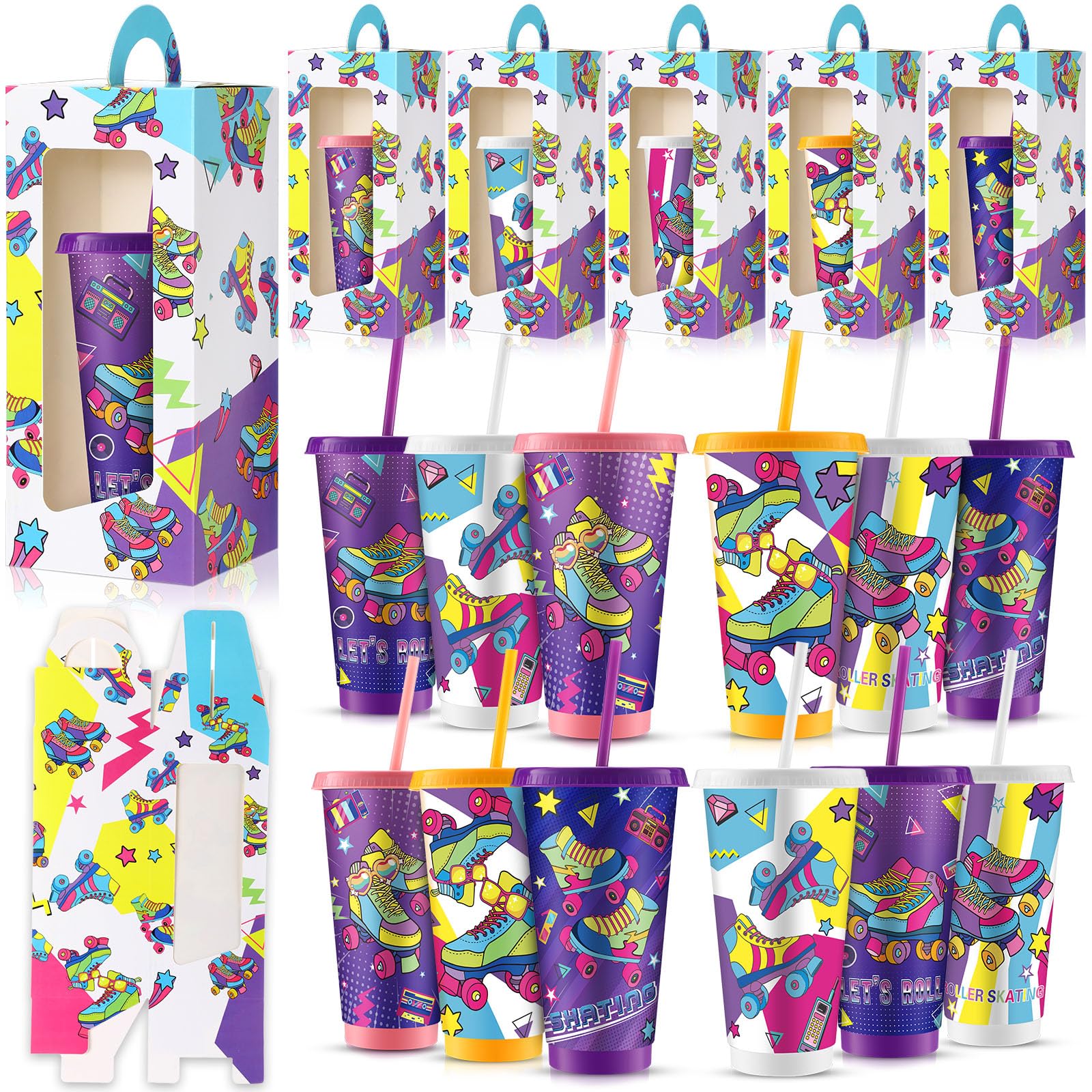 Tellingyou 24 Pcs Roller Skate Party Favors 12 Pcs 24 oz Roller Skate Plastic Cups with Lids and Straws 12 Tumbler Gift Box with Handle for Sports