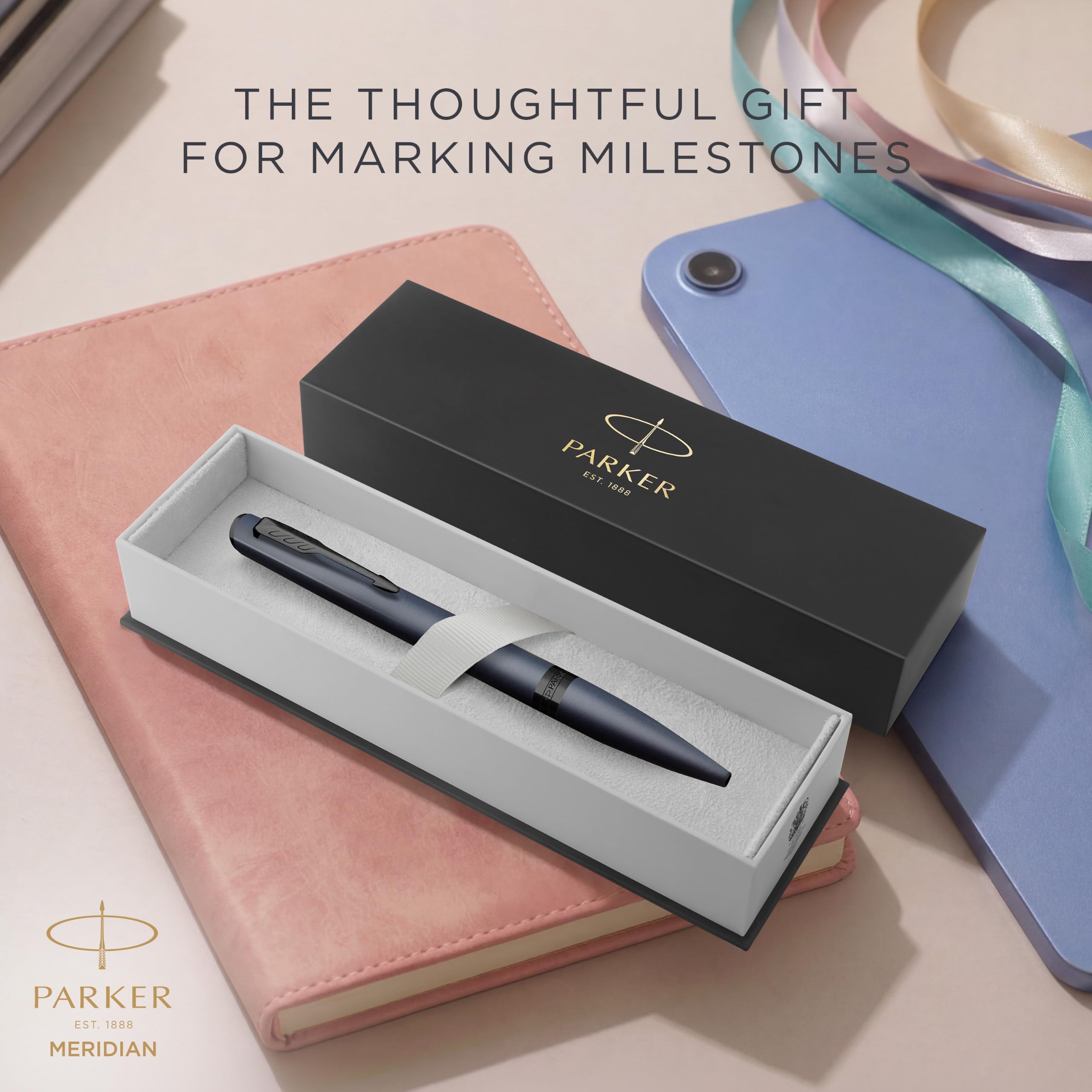 Parker Meridian Stylo à bille | Laque bleue avec garnitures noires | Plume moyenne | Stylos pour l'écriture et Fournitures de papeterie | Encre bleue | Boîte cadeau de luxe