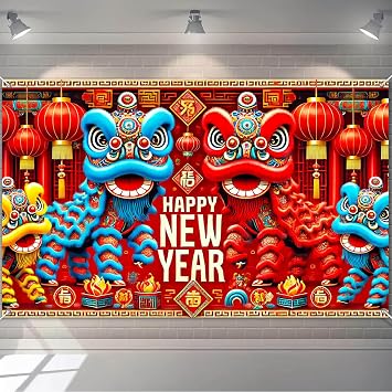 BlissYard 2026 Lunar New Year Backdrop 71 x 43 Inch Chinese Lion Dance Gold Red Party Decor Banner Oriental Festival Photo Backdrop for Spring Celebration Holiday Wall Hanging Indoor Outdoor Banner