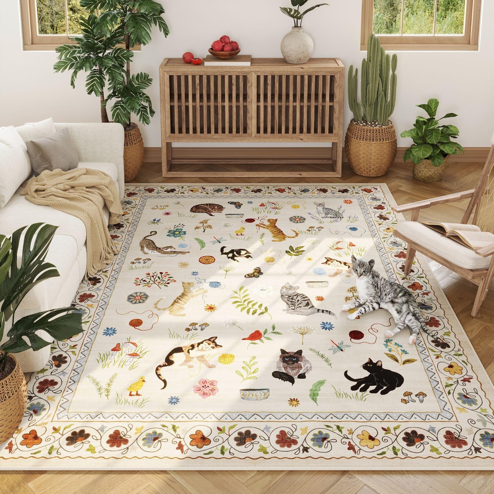 Bycmuoz Boho Animal Cat Area Rug, 180x300cm, Modern Floral Playroom Rug for Boys Girls, with Non Slip Backing Fade Resistant Washable Durable Beige Mat for Nursery Bedside Sofa