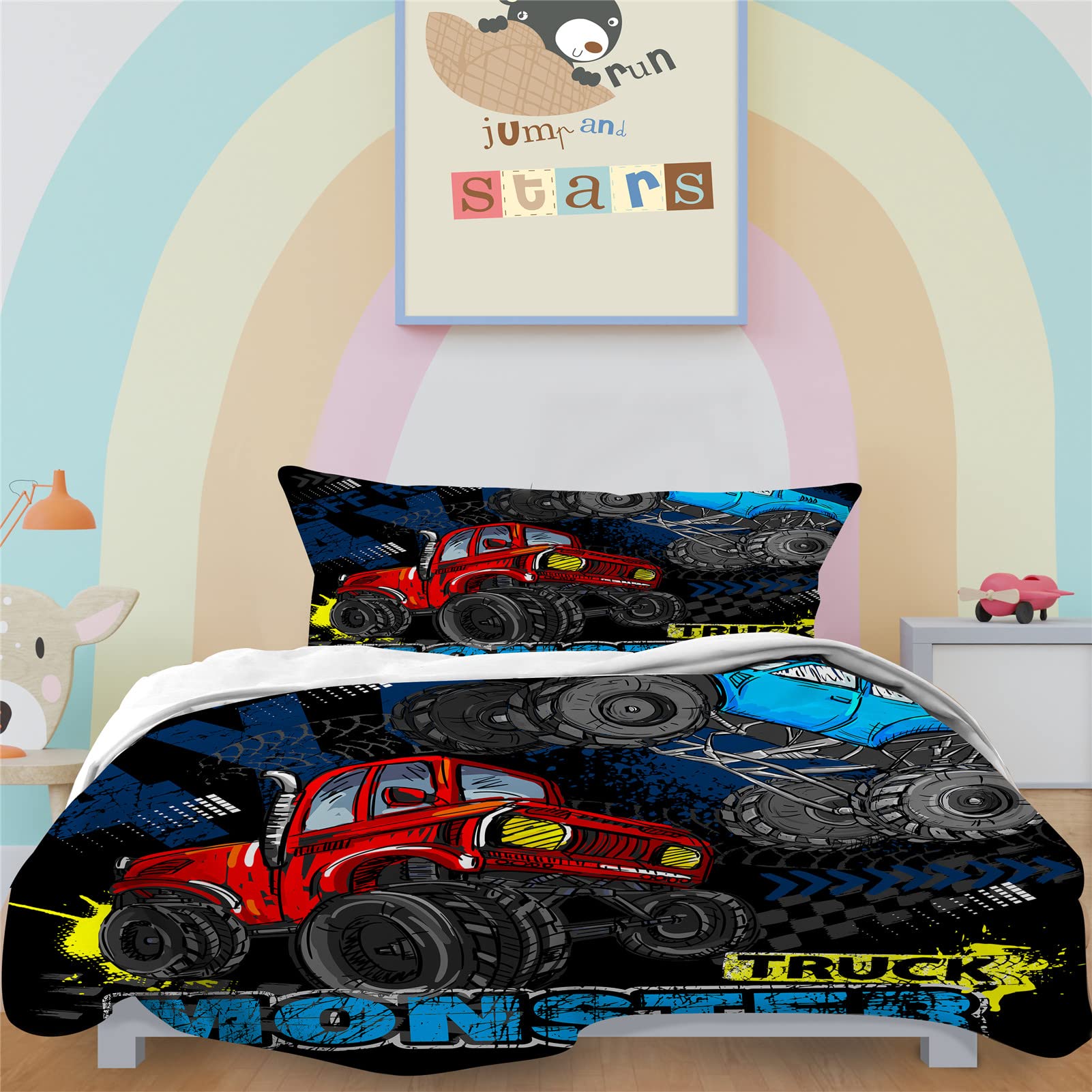 YUANZU Truck Duvet Cover Set Single for Kids Boys Teens Comforter Bedding Set 2 Pieces Blue Red Monster Truck Printed Soft Microfiber Quilt Cover with Zipper Closure (135x200cm & 1Pillowcase)
