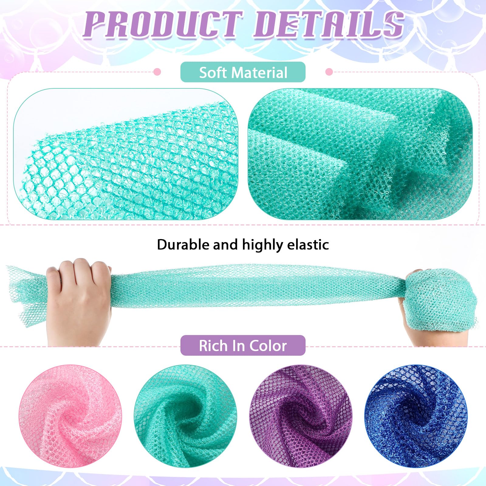Teenyyou 4 piezas de red exfoliante africana africana toalla de tela colorida toalla de baño larga esponja toalla de baño cuerpo espalda exfoliante para ducha uso diario (cian, morado, rosa azul)