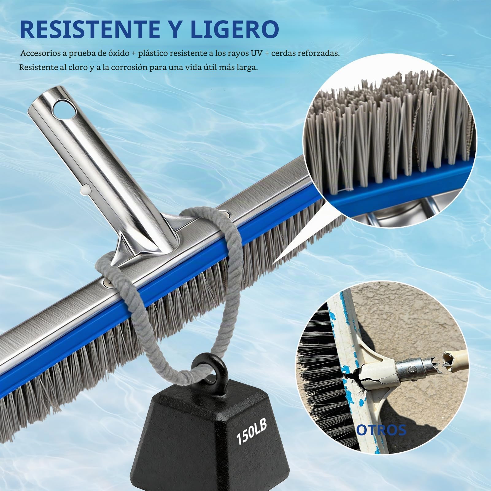 Cepillo Piscina 18 Pulgadas (45,7 cm) con cerdas de Acero y Nylon, Cepillo Limpieza Piscina con Base de Aluminio y Clip EZ para pértiga telescópica, Cepillo Resistente para Fondo y Paredes enterrada