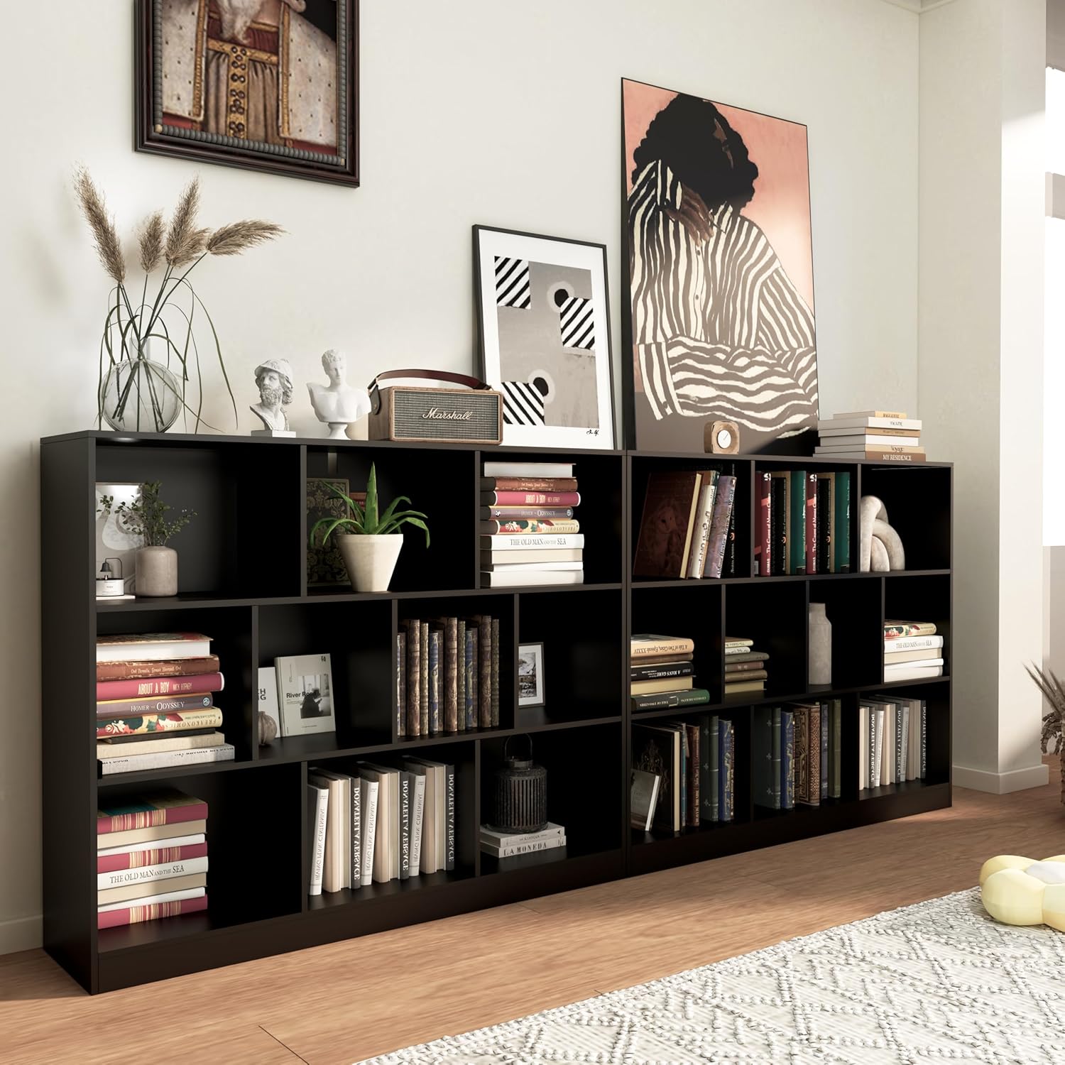 Black Bookshelf, Wooden Bookshelf with Base, Cube Storage Organizer, Bookcase for Living Room,Bedroom,Study and Office(Black, 10-Cube)