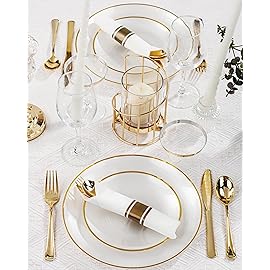 Morejoy 175PCS Pearl White and Gold Plastic Plates - Disposable Gold Party Plates & Pre Rolled Napkins with Cutlery for 25 Guests, 50Plates, 75Silverware, 25Cups, 25Napkin for Party & Thanksgiving