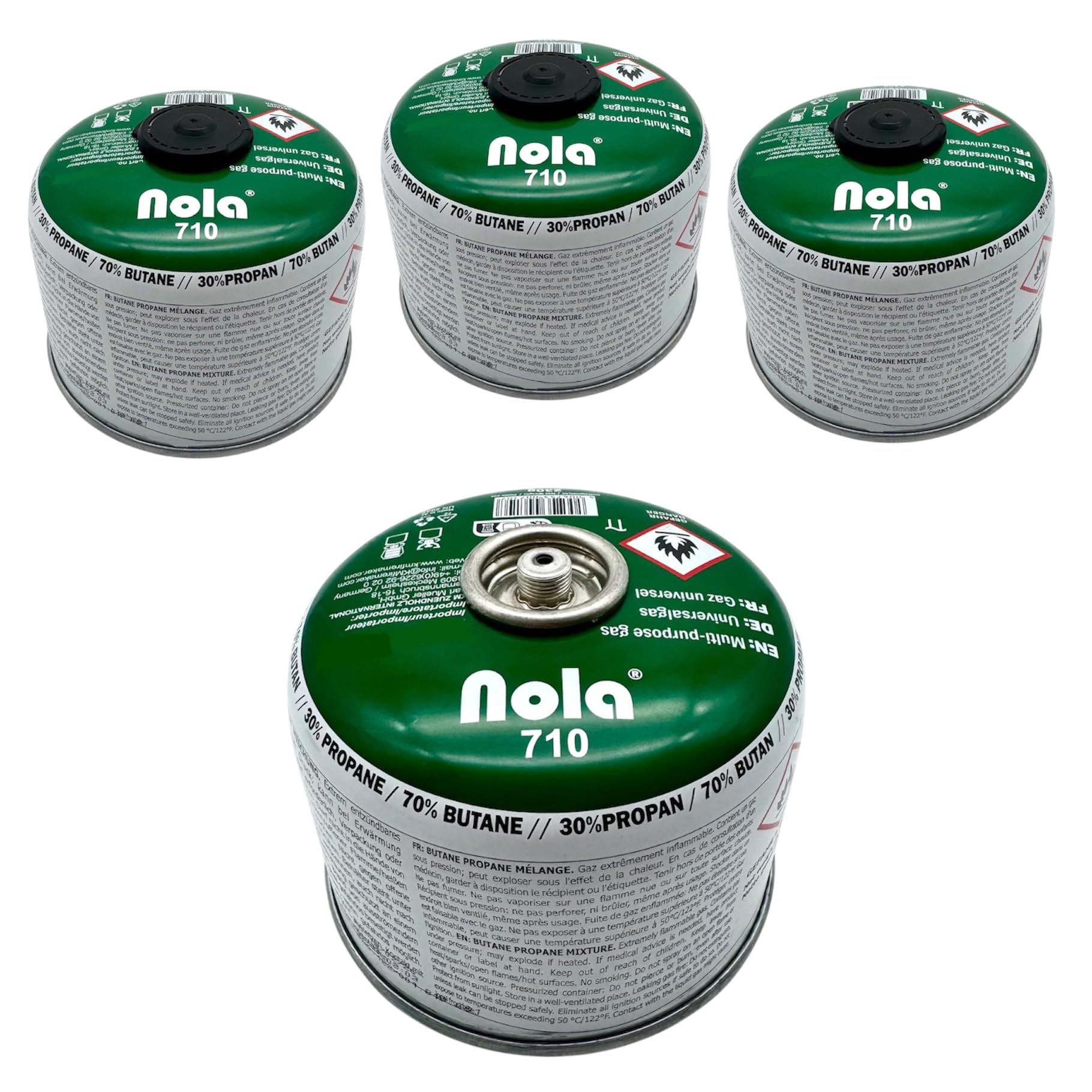 NOLA Lot de 4 cartouches de gaz de 230 g - Pour camping - Propane - Butane - Valve à visser - EN 417 - Réchaud à gaz - Brûleur à souder - Brûleur de mauvaises herbes - Cartouche de gaz à visser