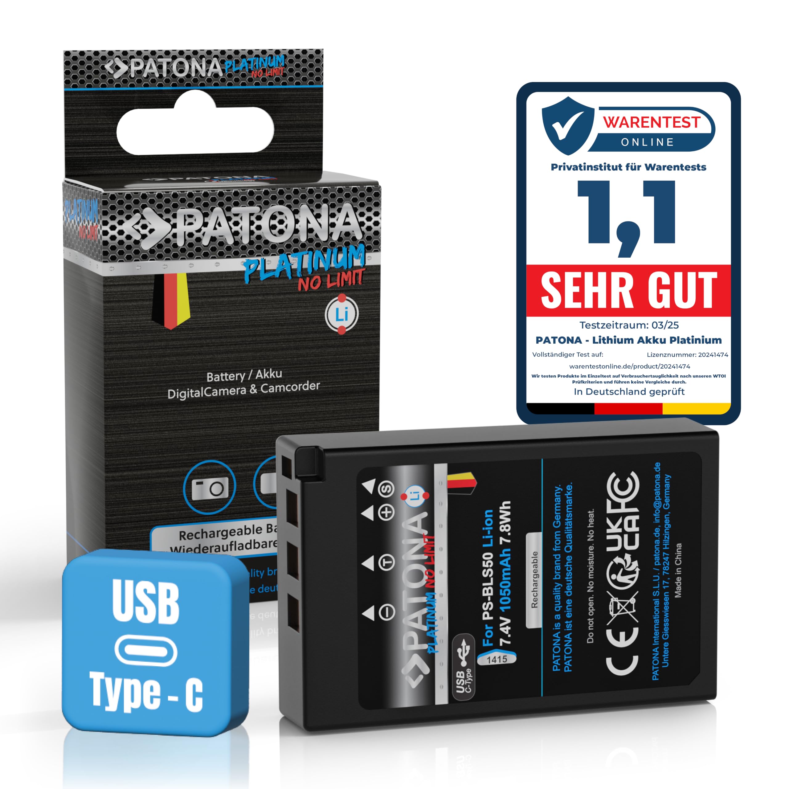 PATONA USB-C Platinum Akku Ersatz für Olympus BLS-5 BLS-50 Battery 1050mAh | Ersatzakku für E‑450 OM-D E-M10 Mark II III IV Pen E-P3 E-PL2-E-PL9 Pen PM1 PM2 Stylus 1– direkt am Akku Laden