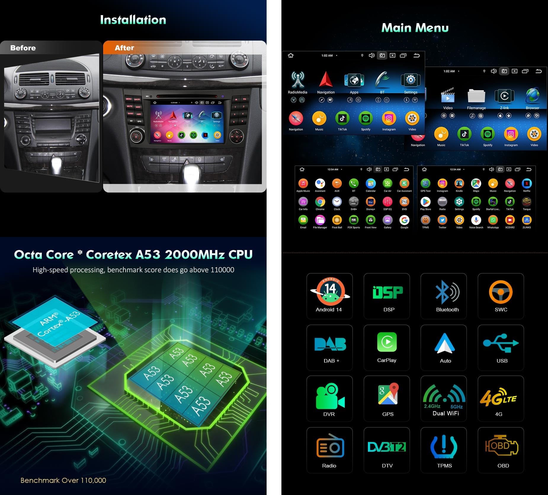 7 Pulgadas 8-Núcleos Android 14 Radio Coche Bluetooth para Mercedes-Benz Clase CLS/E W219 W211 con Inalámbrico Carplay Android Auto Canbus WiFi 4G Pantalla táctil Dab+ DVD RDS 4GB RAM+64GB ROM
