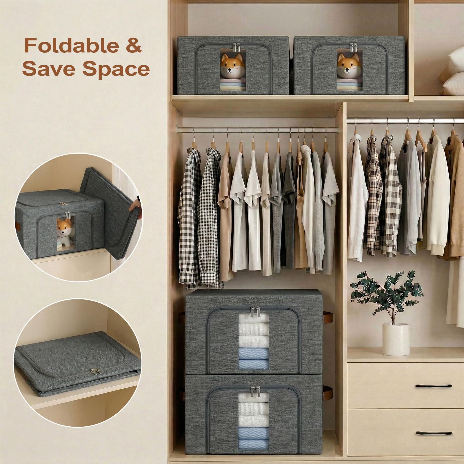 Boite Rangement Vetement Pliable: Sac de Empilables avec Cadres Métal pour le Organisateur des Vêtements des Draps dans les Placard (Gris, 3x24L)