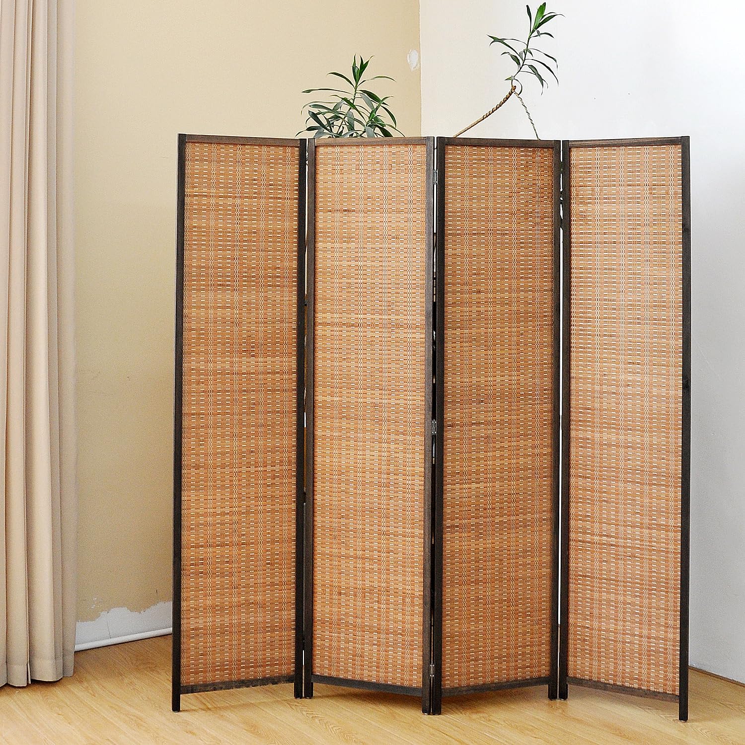 Divisor de habitación de 4 paneles, divisor de panel de bambú de 5.6 pies de alto, pantalla de privacidad plegable, divisor de habitación independiente para separación de habitación, marrón 4