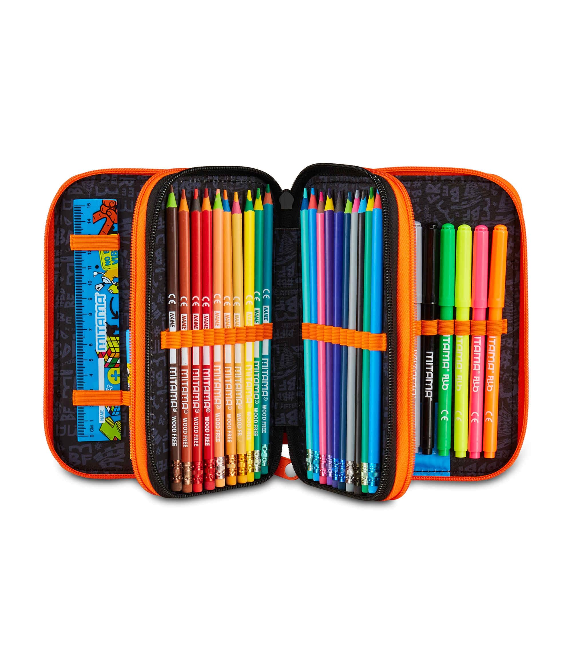 Mitama Astuccio Scuola 3 Scomparti, SUPER TRIPLO MITA PLAY, Contenuto 47 pz, Completo di Matite, Pennarelli, Portapenne Scuola Elementare Bambino