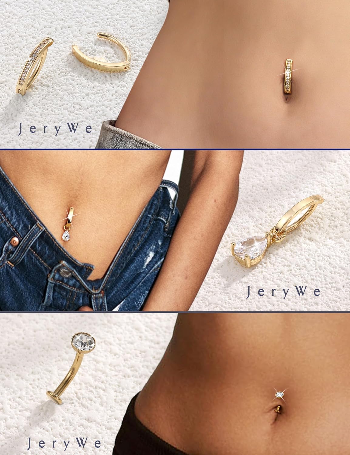 JeryWe 10-12mm Floating Belly Button Ring 𝐃𝐚𝐧𝐠𝐥𝐞 Hypoallergenic Surgical Stainless Steel belly rings for Women CZ Pearl Clicker Navel Piercing Jewelry Pack Navel Rings Body Jewelry
