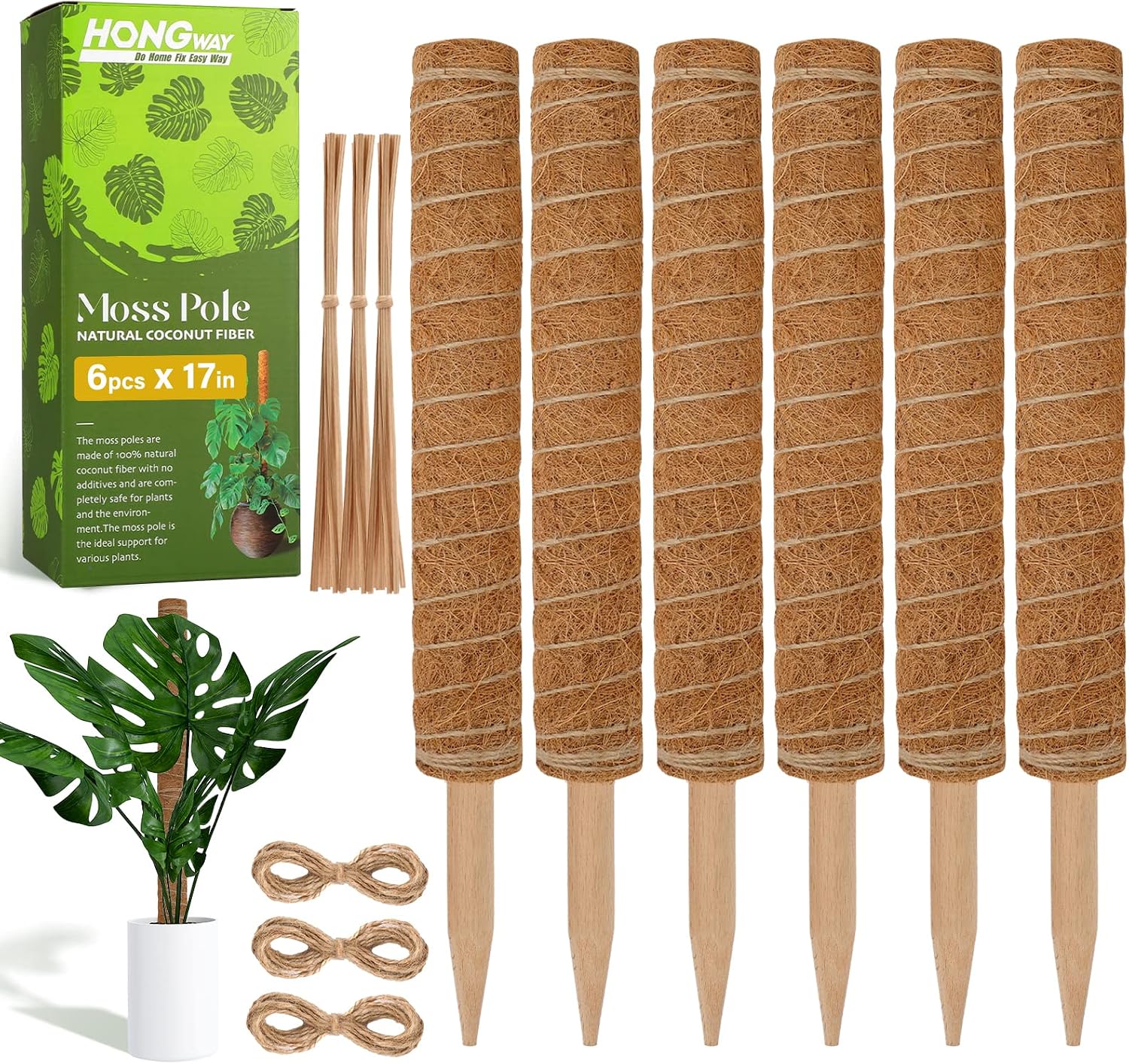HongWay 77 Inch Moss Pole for Plant Monstera, 6 Pack 17 Inch Moss Plant Support, Monstera Support, Plant Climbing Pole, Moss Plant Stake
